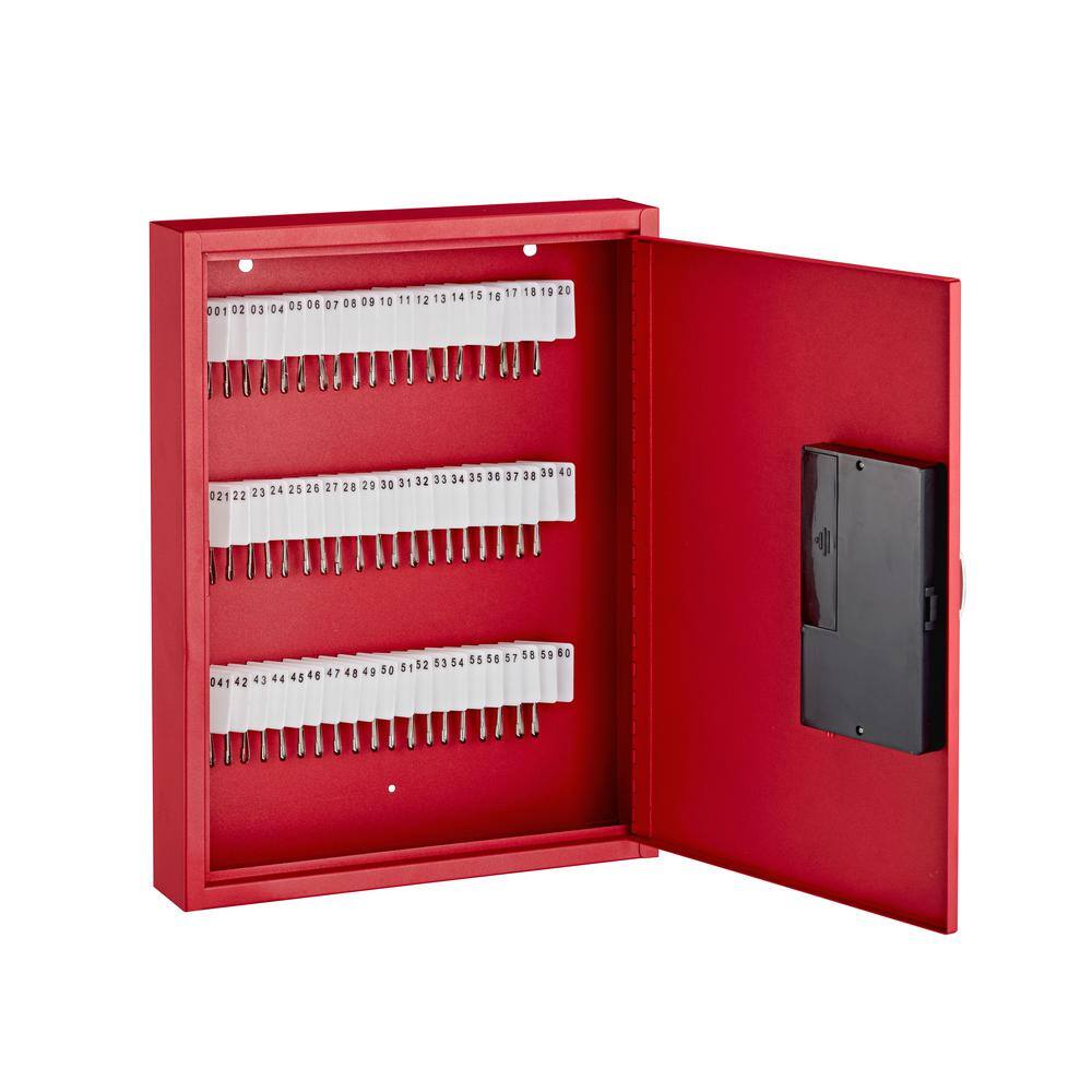 Angle. AdirOffice - Steel Digital Key Cabinet, 60-Key Capacity with Programmable Lock - Red.