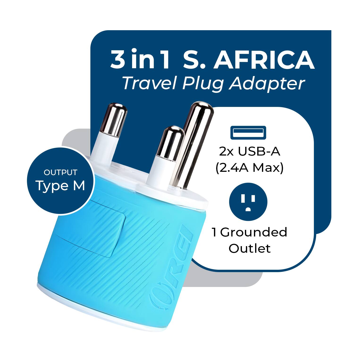 3 in 1 S. AFRICA Travel Plug Adapter

OUTPUT Type M

2x USB-A (2.4A Max)

1 Grounded Outlet