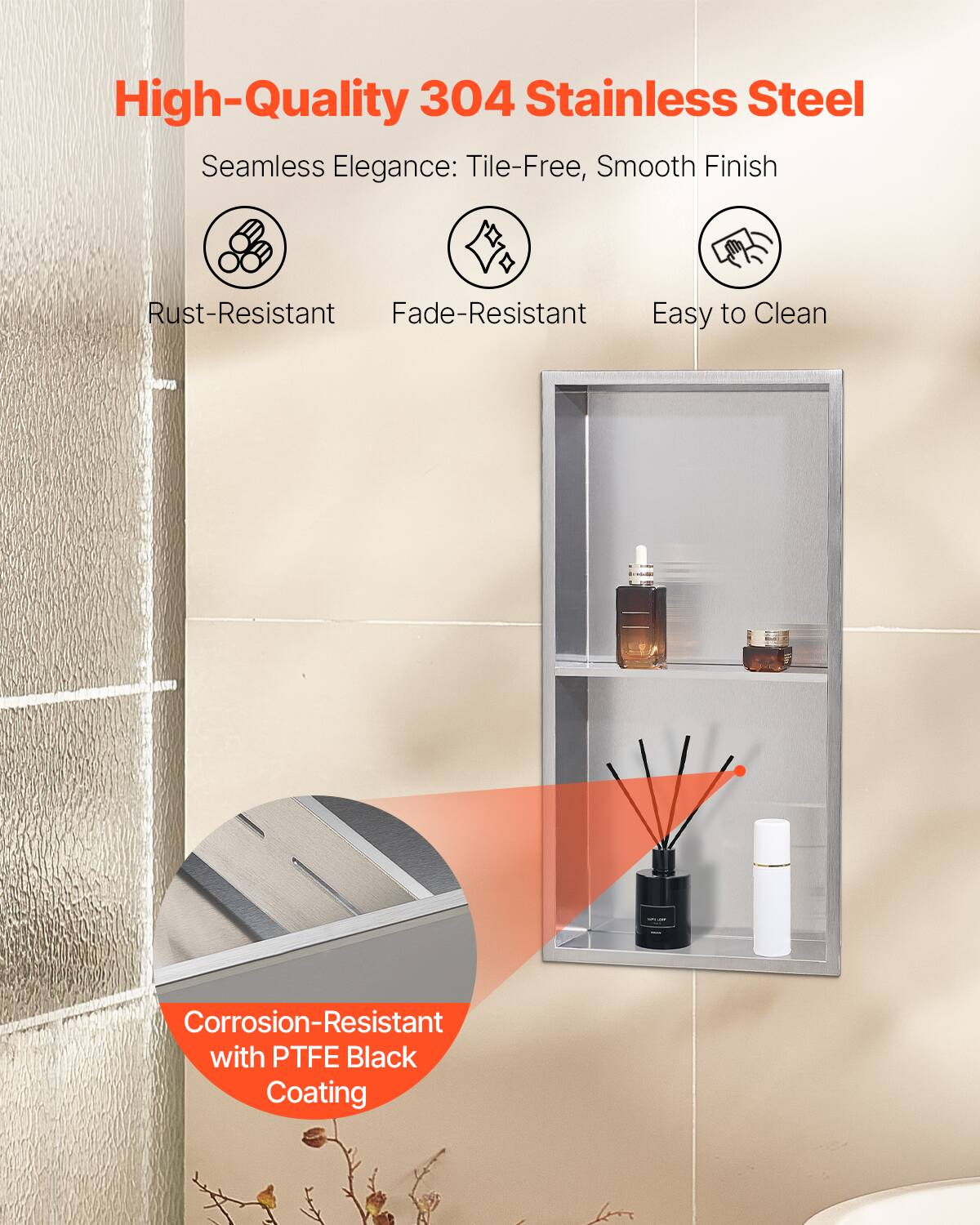 High-Quality 304 Stainless Steel

Seamless Elegance: Tile-Free, Smooth Finish

- Rust-Resistant
- Fade-Resistant
- Easy to Clean

Corrosion-Resistant with PTFE Black Coating