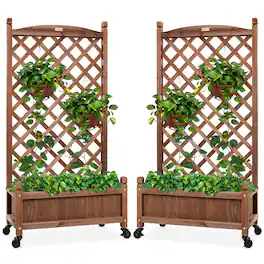 Best Choice Products - Set of 2 48in Wood Planter Box & Diamond Lattice Trellis, w/ Drainage, Optional Wheels - Walnut - Brown