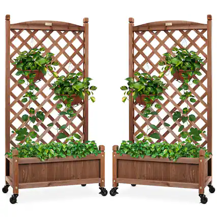 Front. Best Choice Products - Best Choice Products Set of 2 48in Wood Planter Box & Diamond Lattice Trellis, w/ Drainage, Optional Wheels - Walnut - Brown.