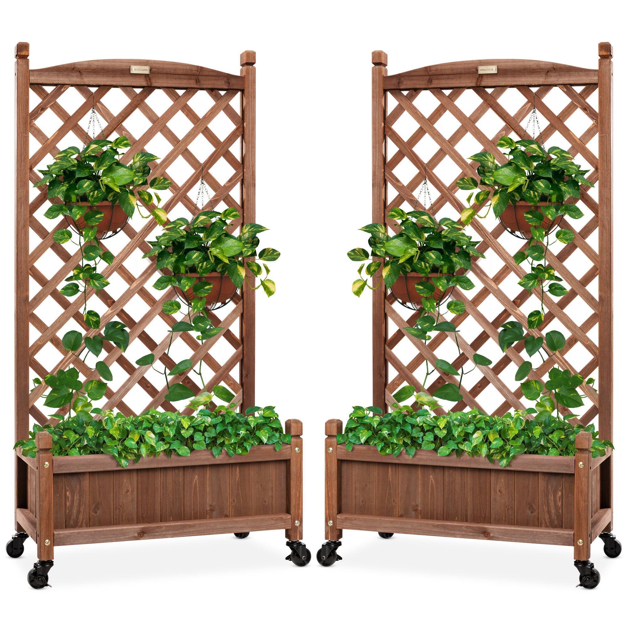 Front. Best Choice Products - Best Choice Products Set of 2 48in Wood Planter Box & Diamond Lattice Trellis, w/ Drainage, Optional Wheels - Walnut - Brown.