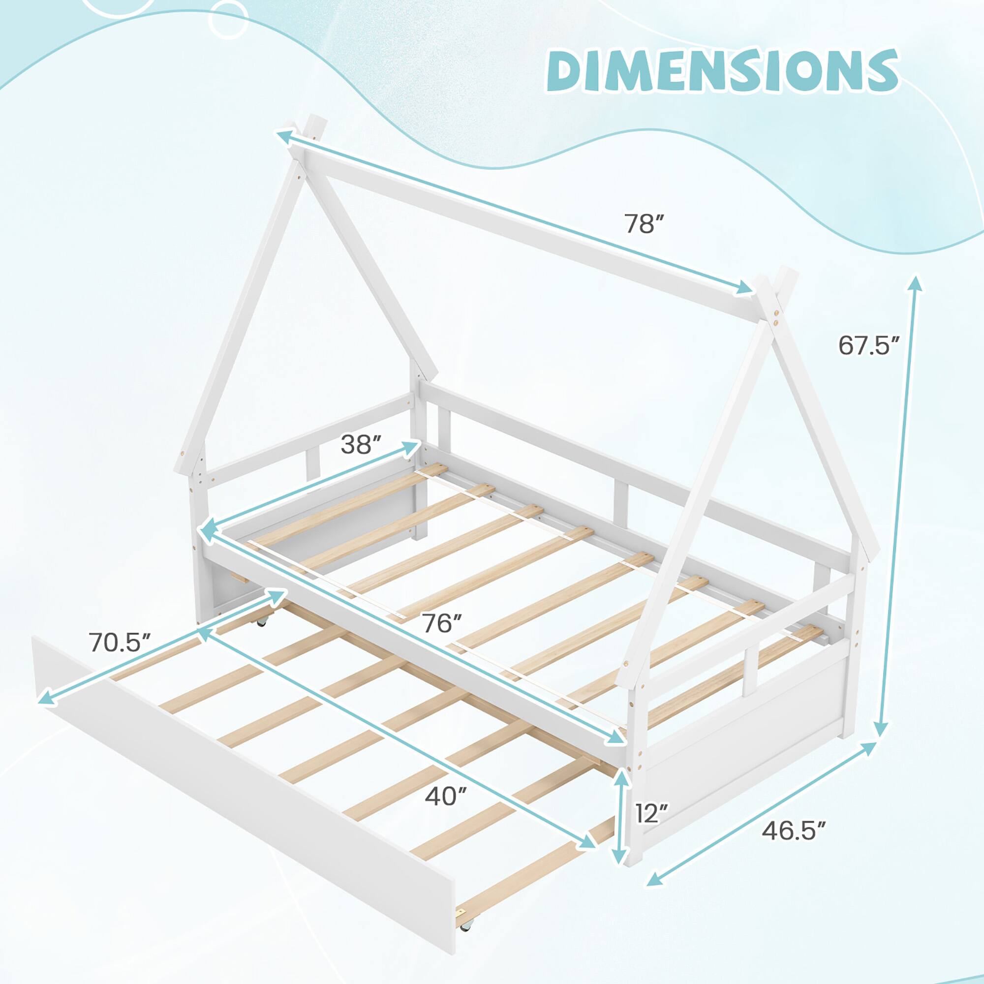DIMENSIONS  
78"  
67.5"  
38"  
70.5"  
76"  
40"  
12"  
46.5"