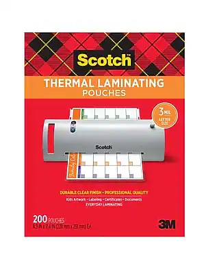 Scotch Thermal Laminating Pouches
3 Mil Letter Size
Durable Clear Finish
Professional Quality
Kids Artwork - Labeling - Certificates - Documents
Everyday Laminating
200 Pouches
8.9" x 11.4" (228 mm x 251 mm) EA
3M