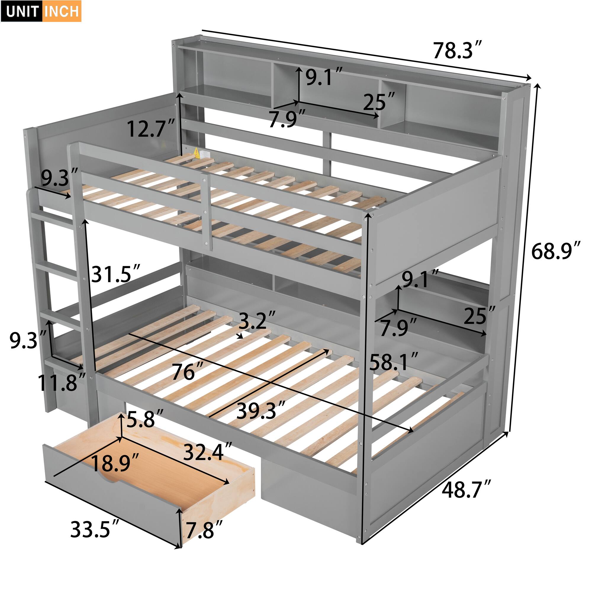 UNIT INCH

- 12.7"
- 9.1"
- 25"
- 7.9"
- 78.3"
- 9.3"
- 31.5"
- 3.2"
- 9.3"
- 76"
- 11.8"
- 5.8"
- 39.3"
- 32.4"
- 18.9"
- 9.1"
- 25"
- 7.9"
- 58.1"
- 48.7"
- 68.9"
- 33.5"
- 7.8"