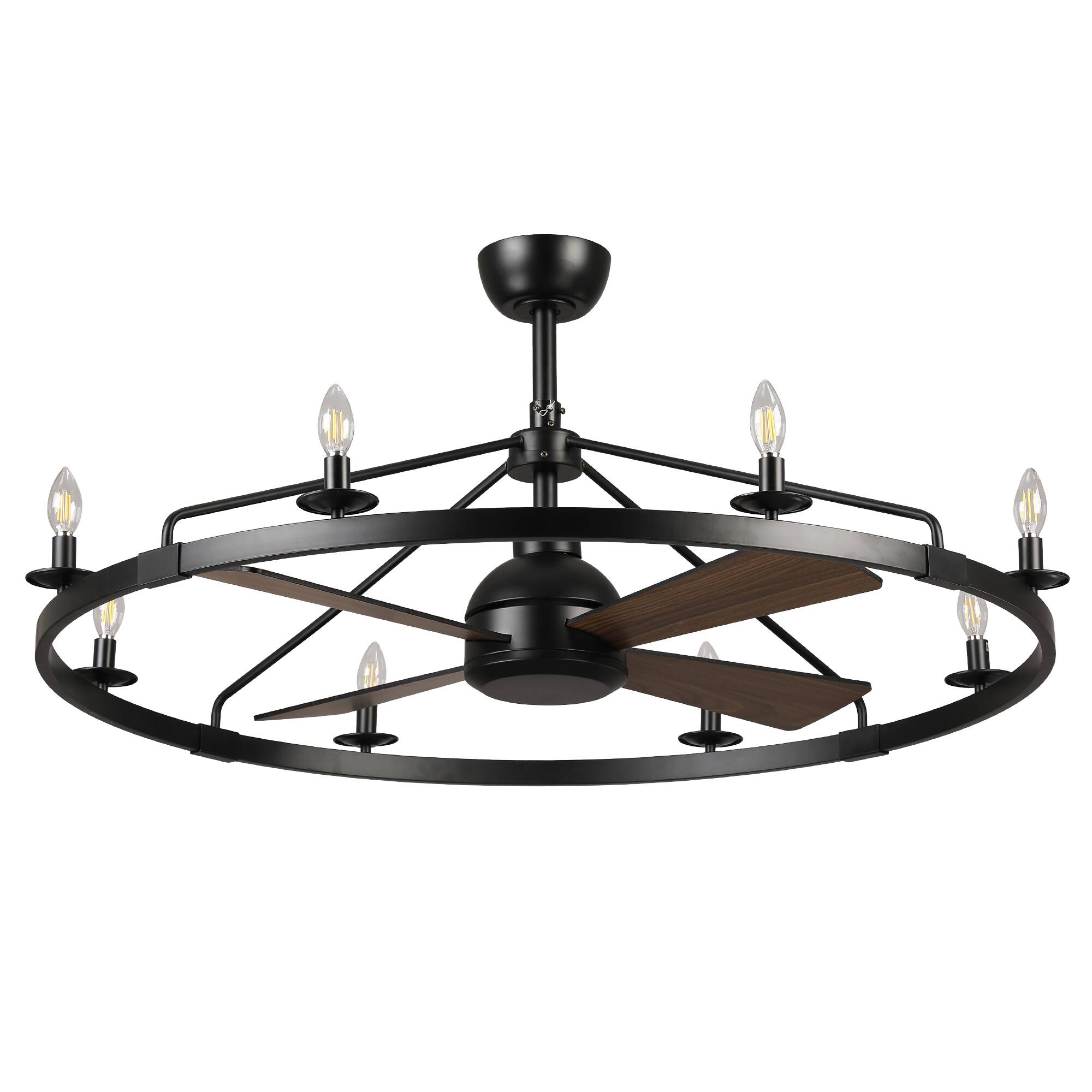 Alt View 6. Vaczon - 43" Industrial Matte Black Caged Wagon Wheel Rustic Chandelier Ceiling Fan with Remote - Matte Black.