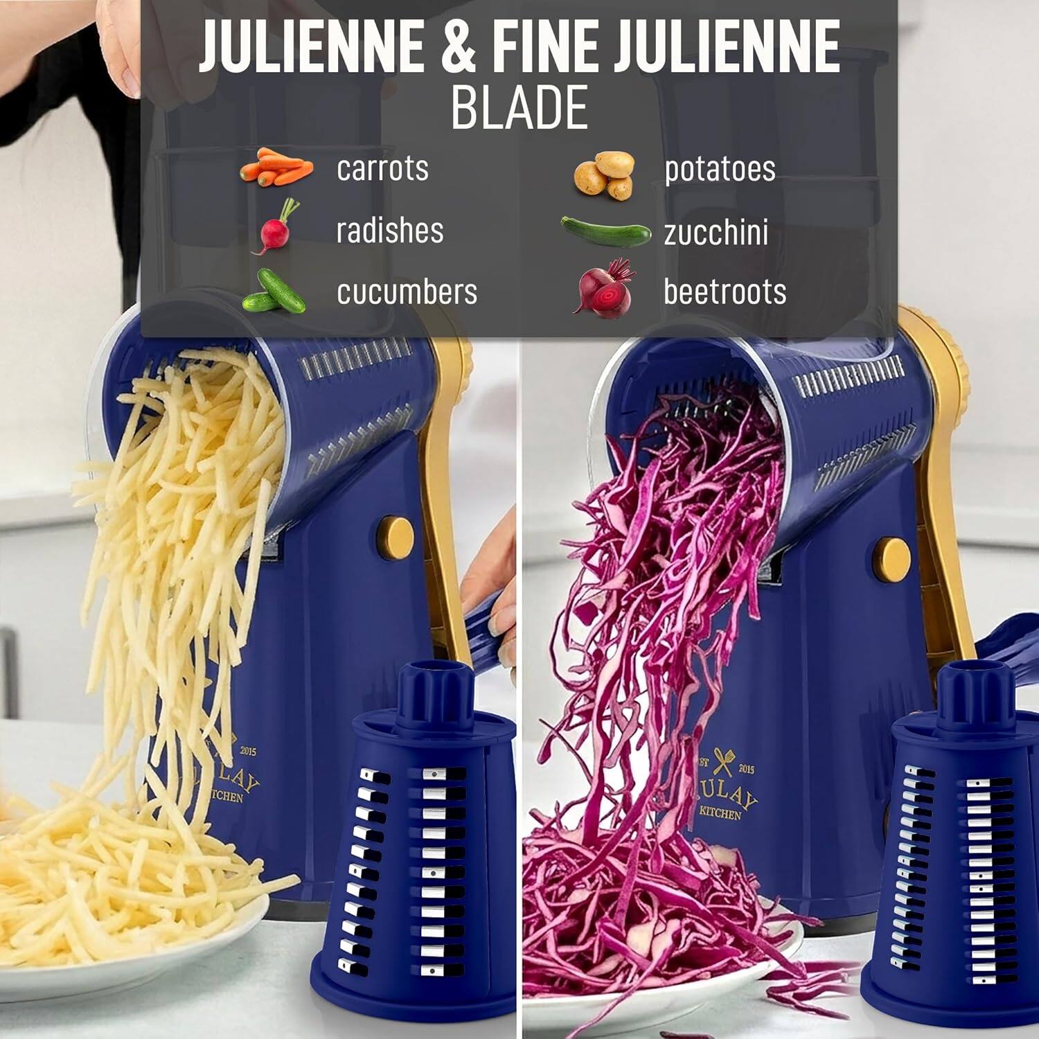 JULIENNE & FINE JULIENNE BLADE

carrots  
potatoes  
radishes  
zucchini  
cucumbers  
beetroots  

215  
TCHEN  
x  
715  
ULAY  
KITCHEN