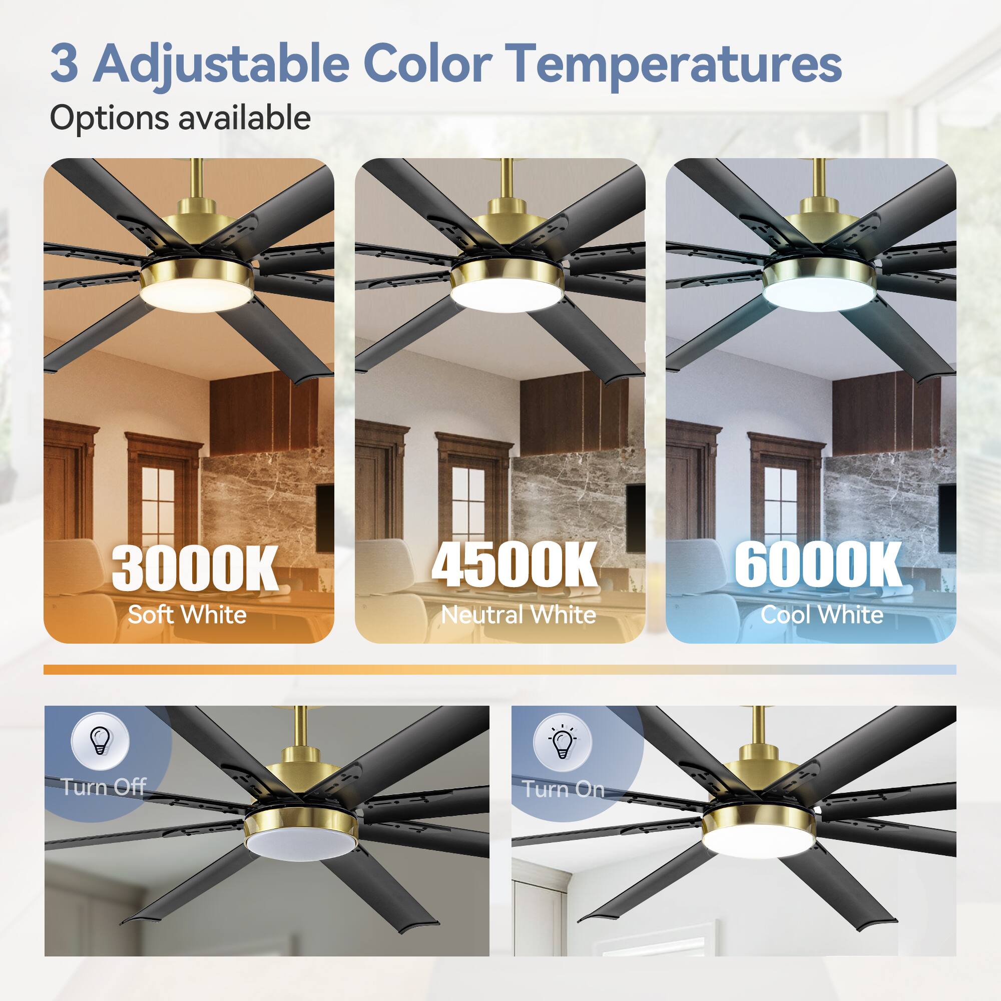 3 Adjustable Color Temperatures Options available
3000K Soft White
4500K Neutral White
6000K Cool White
Turn Off
Turn On