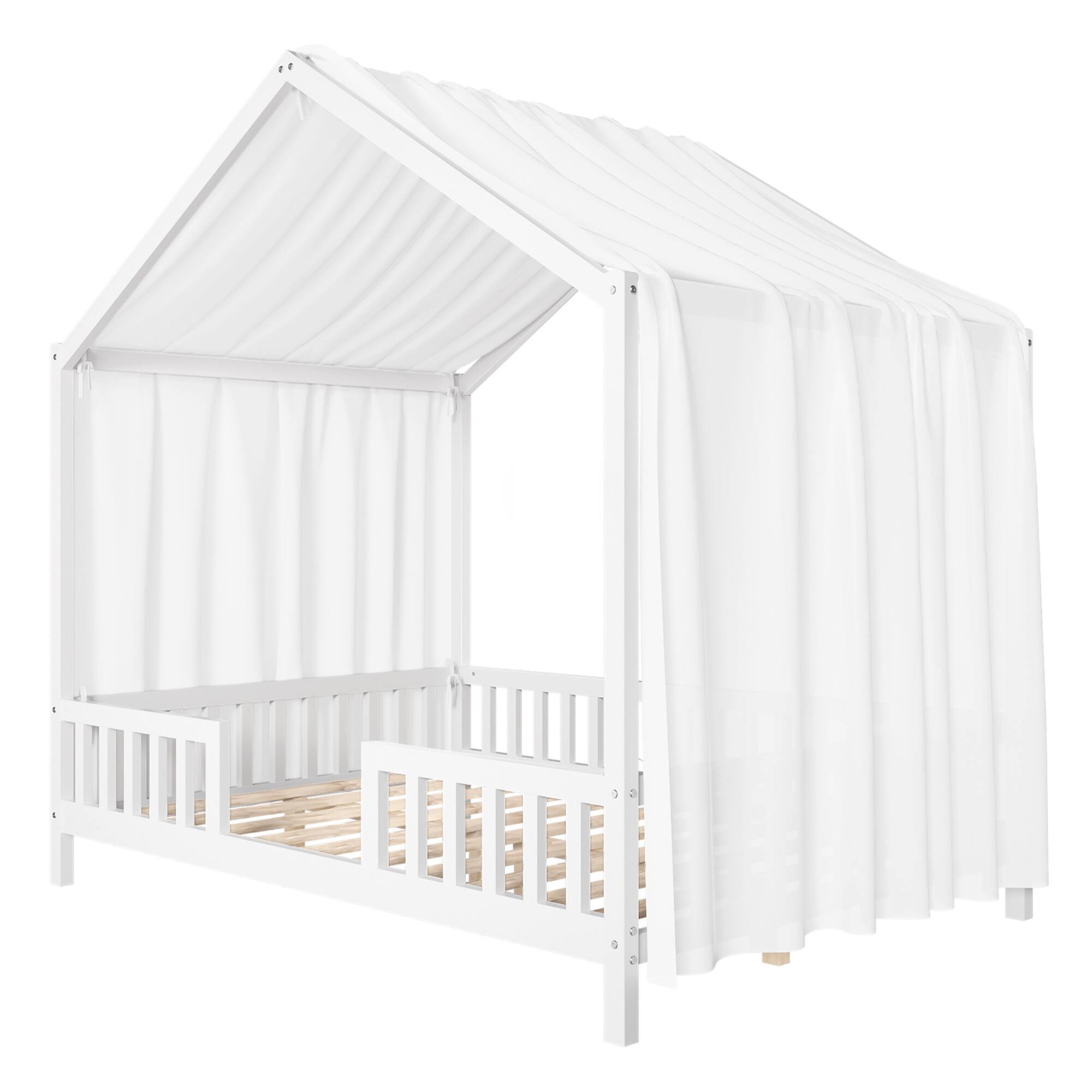 Alt View 4. GOODSILO - Creative Canopy House-Shaped Children's Floor Bed with Safety Railings for Cozy Sleep Space - White.