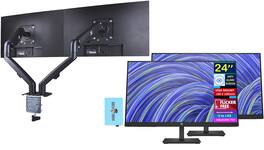 HP - V24i G5 24" FHD IPS Monitor, HDMI, VGA, Displayport, (65P58AA#ABA) 2 Pack w/DKZ Hub & Ergoflexy Dual Mount Arm - Black