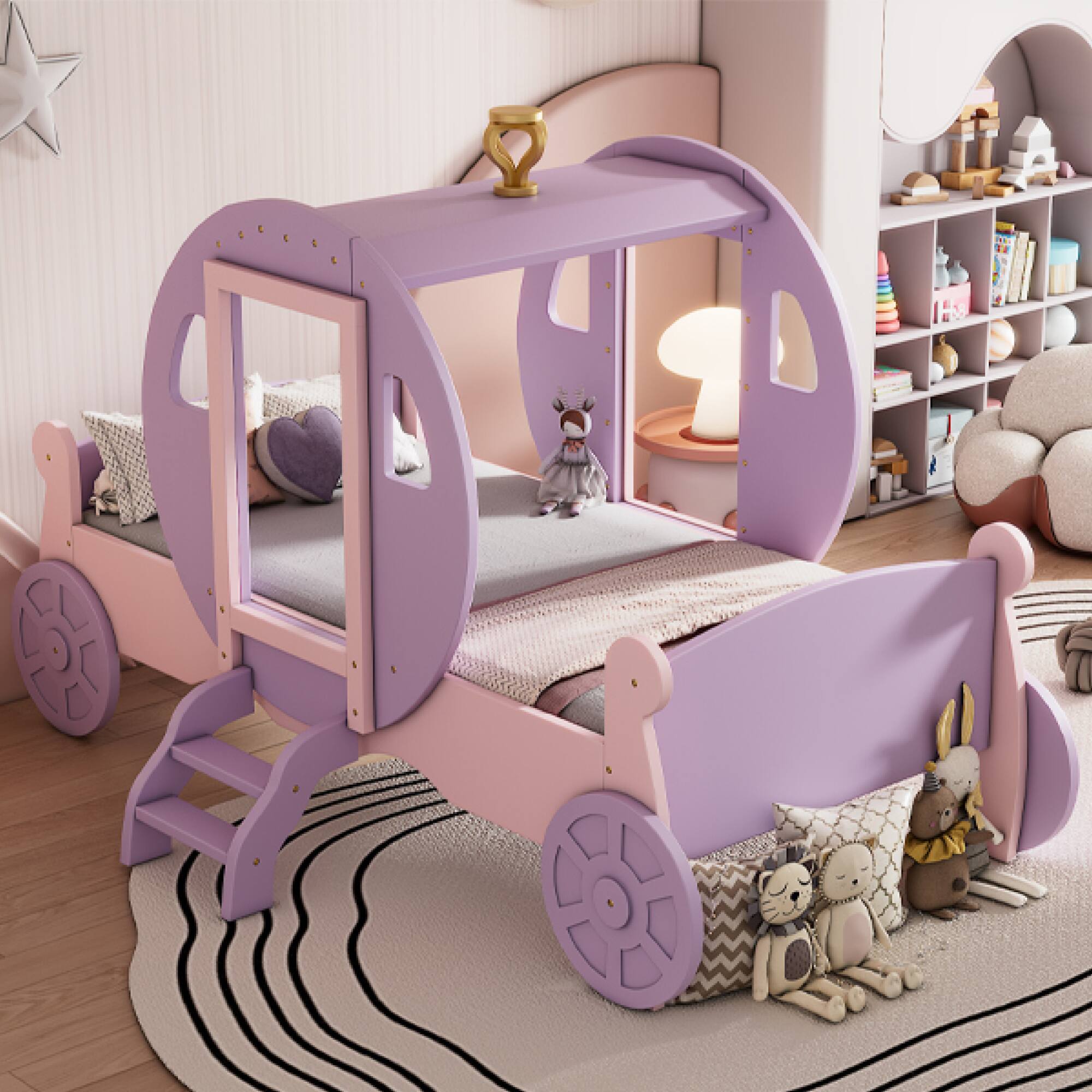Alt View 9. GOODSILO - Twin Size Princess Carriage Bed with Crown and Wood Platform Design Including Staircase - Pink.
