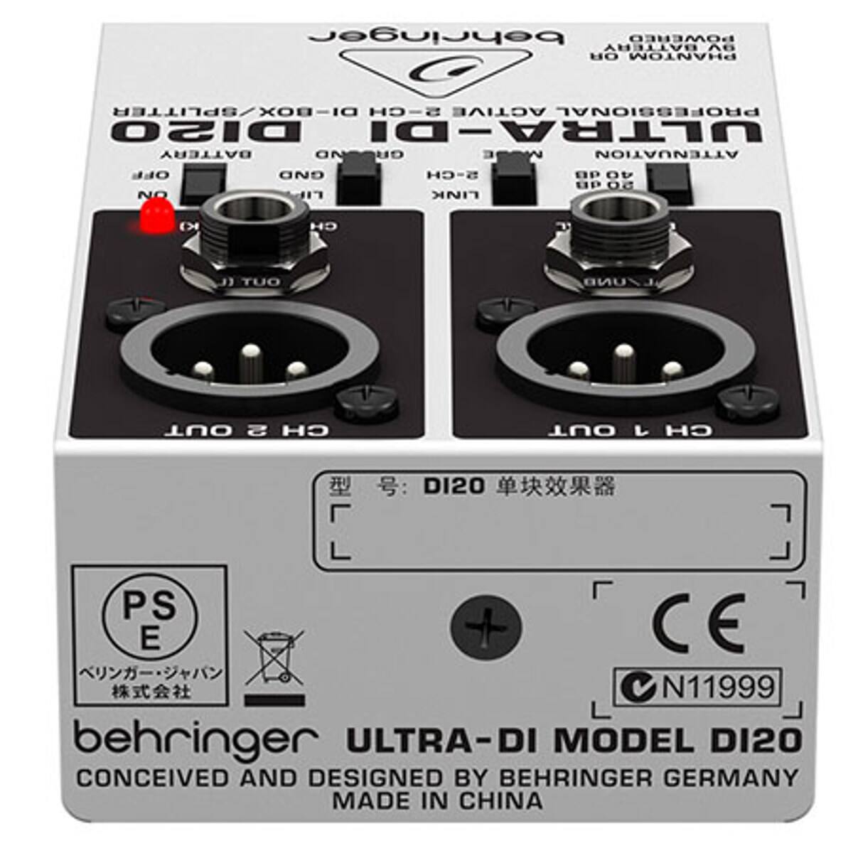 Behringer POWERED BATTERY A6 OR PHANTOM DI-BOX/SPLITTER 5-CH ACTIVE PROFESSIONAL DISO ULTRA-DI BATTERY ON EU ATTENUATION OFF NO GND LIP 5-CH LINK OP 40 UP 02 K) CH "OUT L/UND OUT 2 CH OUT CH DI20 L LL PS E CE N11999 L Behringer ULTRA-DI MODEL DI20 CONCEIVED AND DESIGNED BY BEHRINGER GERMANY MADE IN CHINA