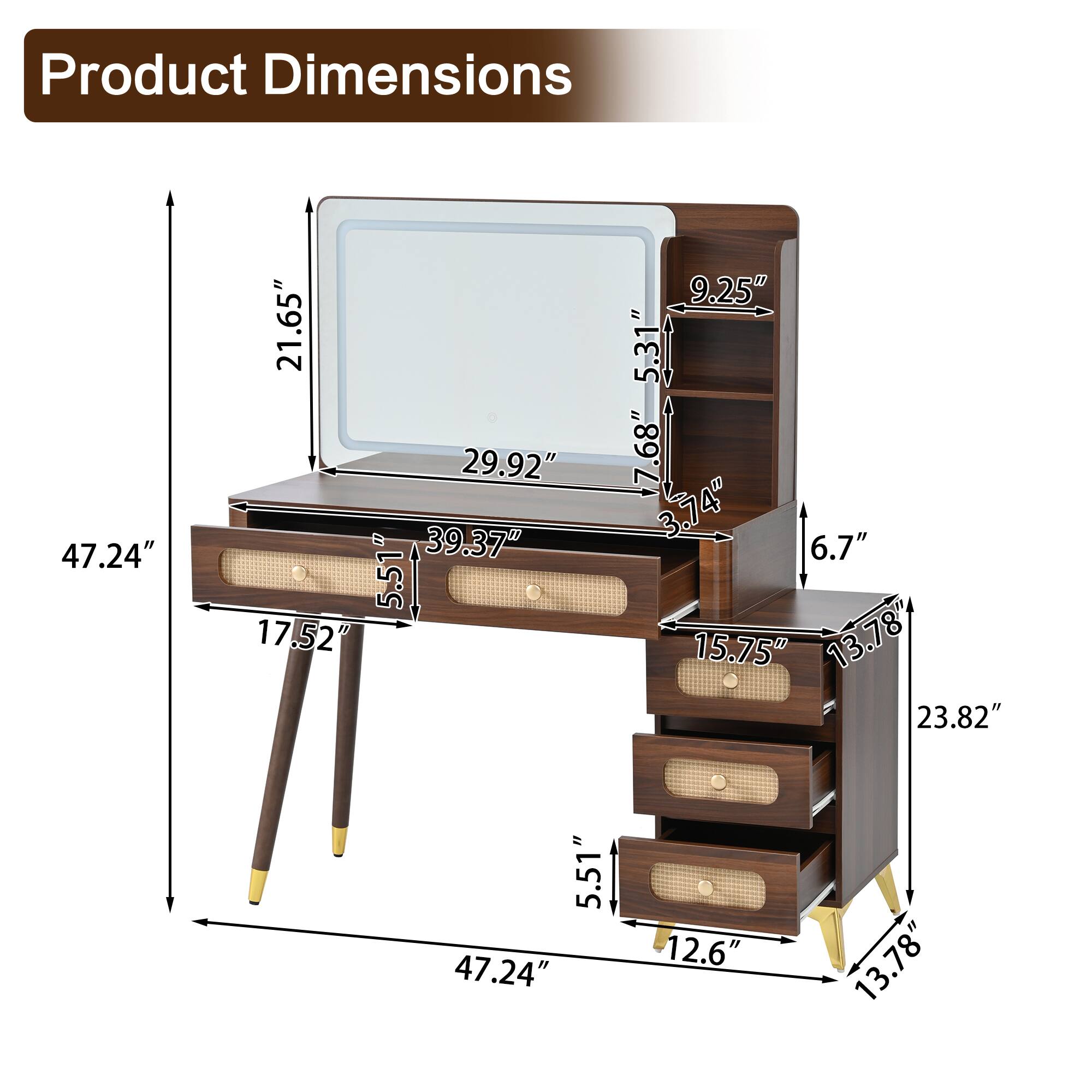 Product Dimensions

- Length: 47.24"
- Width: 21.65"
- Height: 39.37"
- Drawer 1: 17.52" (width) x 5.51" (depth) x 6.7" (height)
- Drawer 2: 15.75" (width) x 5.51" (depth) x 6.7" (height)
- Drawer 3: 13.78" (width) x 5.51" (depth) x 6.7" (height)
- Shelf: 29.92" (width) x 5.51" (depth) x 5.31" (height)
- Back Panel: 21.65" (width) x 5.31" (height)
- Overall Height: 30.37"