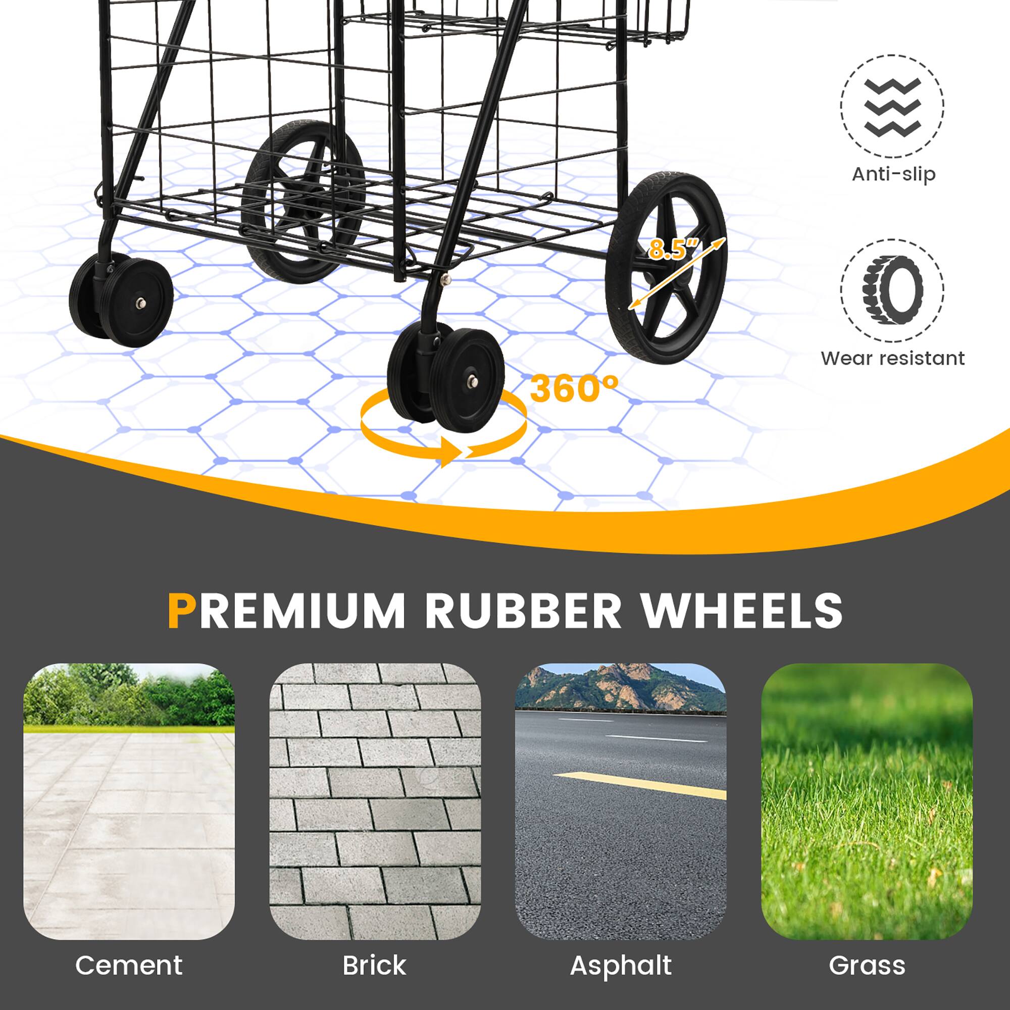 Premium Rubber Wheels: Anti-slip 8.5" 360 Wear resistant PREMIUM RUBBER WHEELS Cement Brick Asphalt Grass