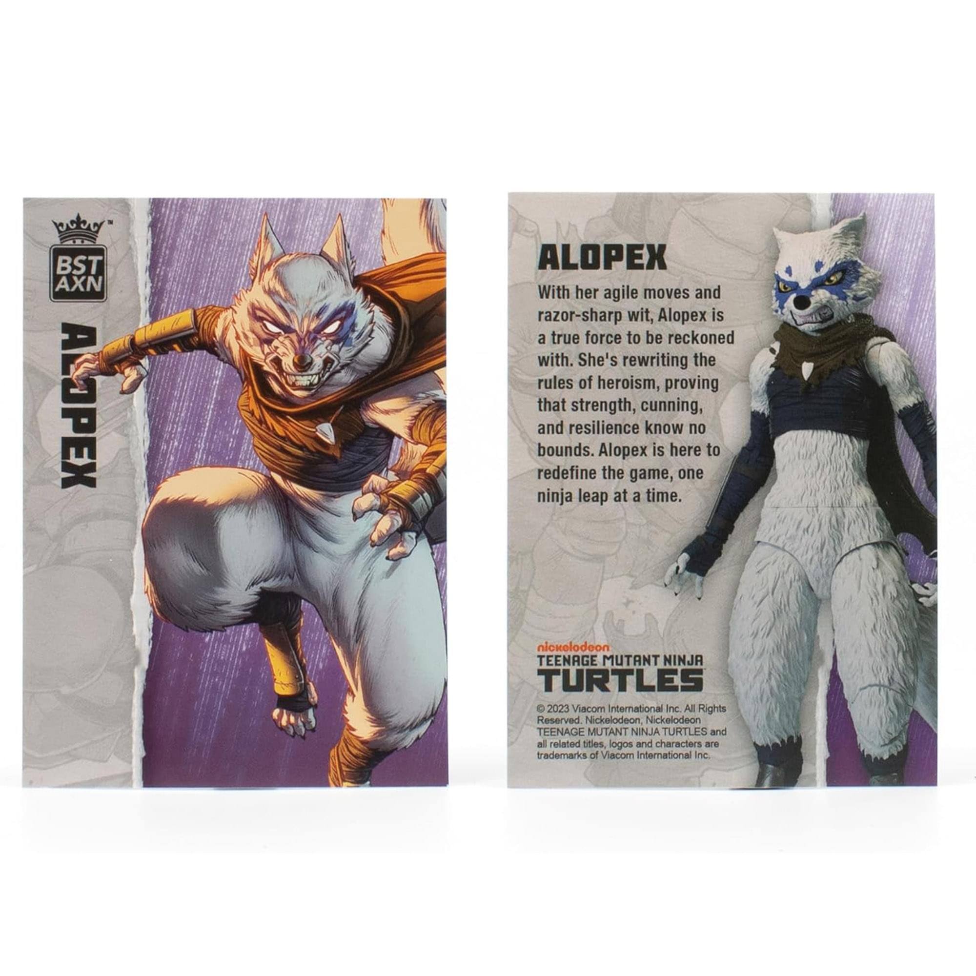 **BST AXN**

**ALOPEX**

With her agile moves and razor-sharp wit, Alopex is a true force to be reckoned with. She's rewriting the rules of heroism, proving that strength, cunning, and resilience know no bounds. Alopex is here to redefine the game, one ninja leap at a time.

---

**TEENAGE MUTANT NINJA TURTLES**

© 2023 Viacom International Inc. All Rights Reserved. Nickelodeon, Nickelodeon, TEENAGE MUTANT NINJA TURTLES and all related titles, logos and characters are trademarks of Viacom International Inc.