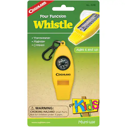 COGHLANS Four Function Whistle No. 0240
- Thermometer
- Magnifier
- Compass
Ages 6 and up
WARNING: CHOKING HAZARD Small Parts. Not for children under 3 years.
www.coghlans.com
Multi-use
for Kids