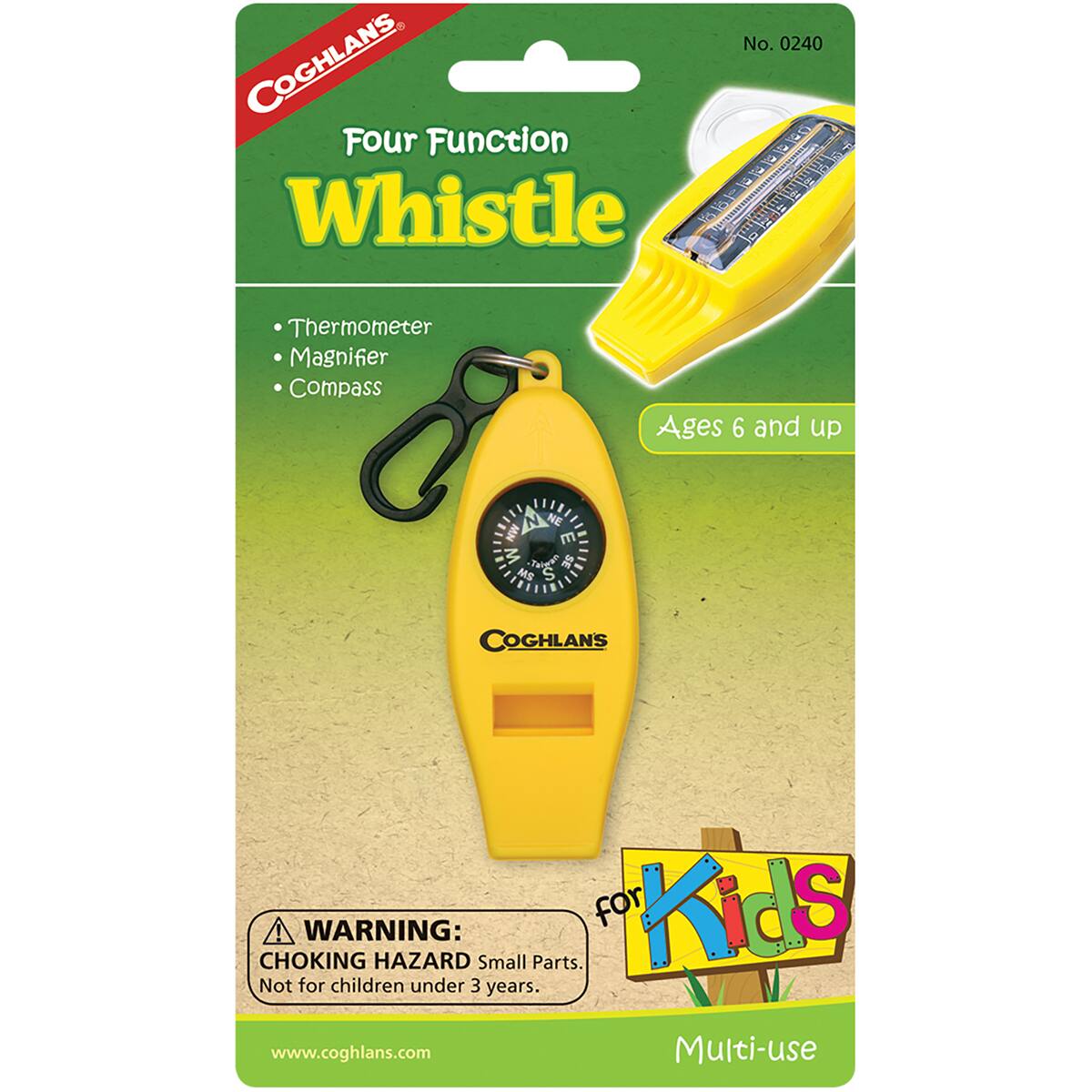 COGHLANS Four Function Whistle No. 0240  
- Thermometer  
- Magnifier  
- Compass  
Ages 6 and up  

WARNING: CHOKING HAZARD Small Parts. Not for children under 3 years.  
www.coghlans.com  

Multi-use  
for Kids