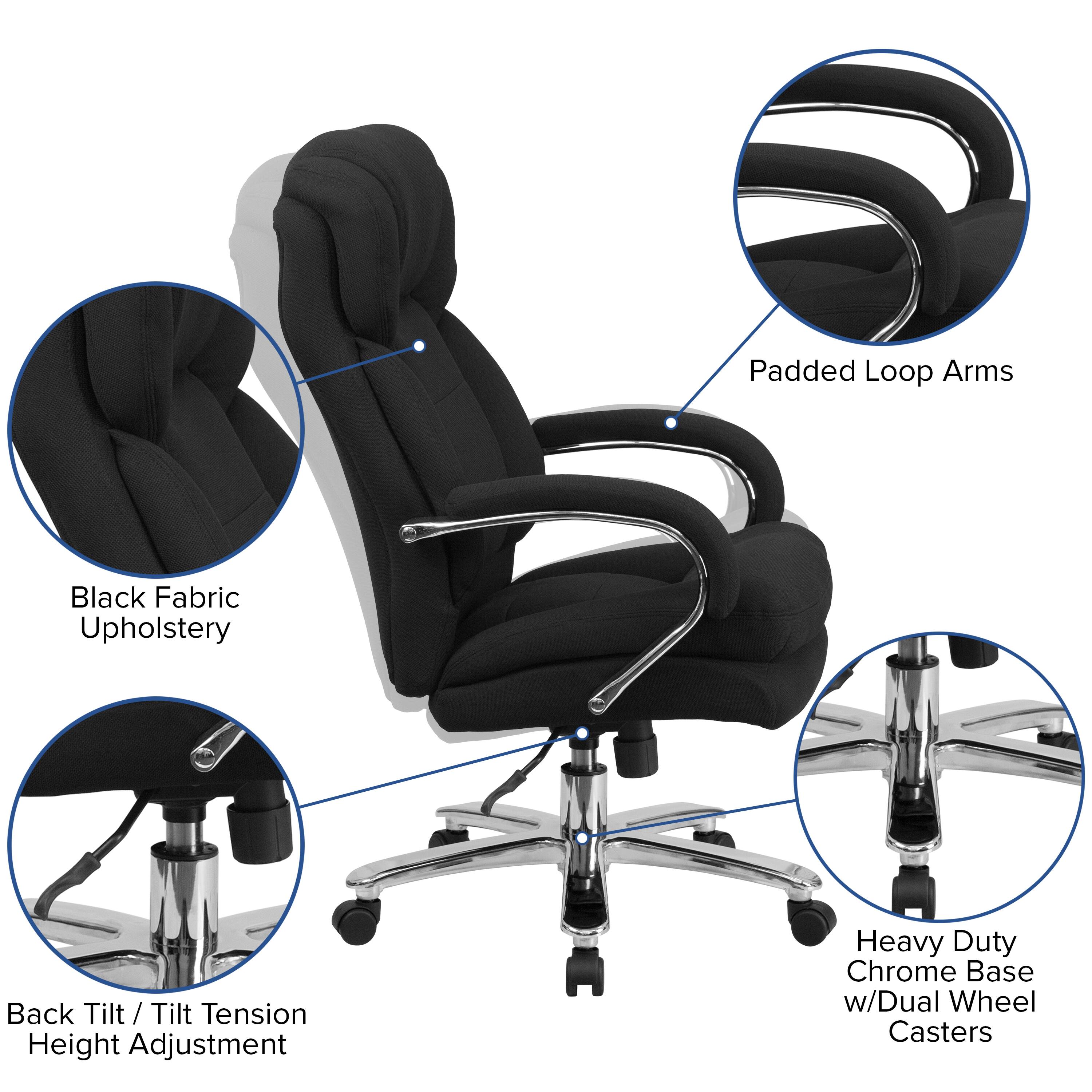 Padded Loop Arms  
Black Fabric Upholstery  
Back Tilt / Tilt Tension Height Adjustment  
Heavy Duty Chrome Base w/Dual Wheel Casters