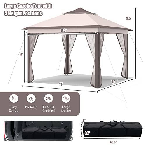 Large Gazebo Tent with 3 Height Positions 9.5 9.5' 6' 11 11 CPAI Easy Set-up Portable CPAI-84 Large Certified Shelter 8.5 45.5"