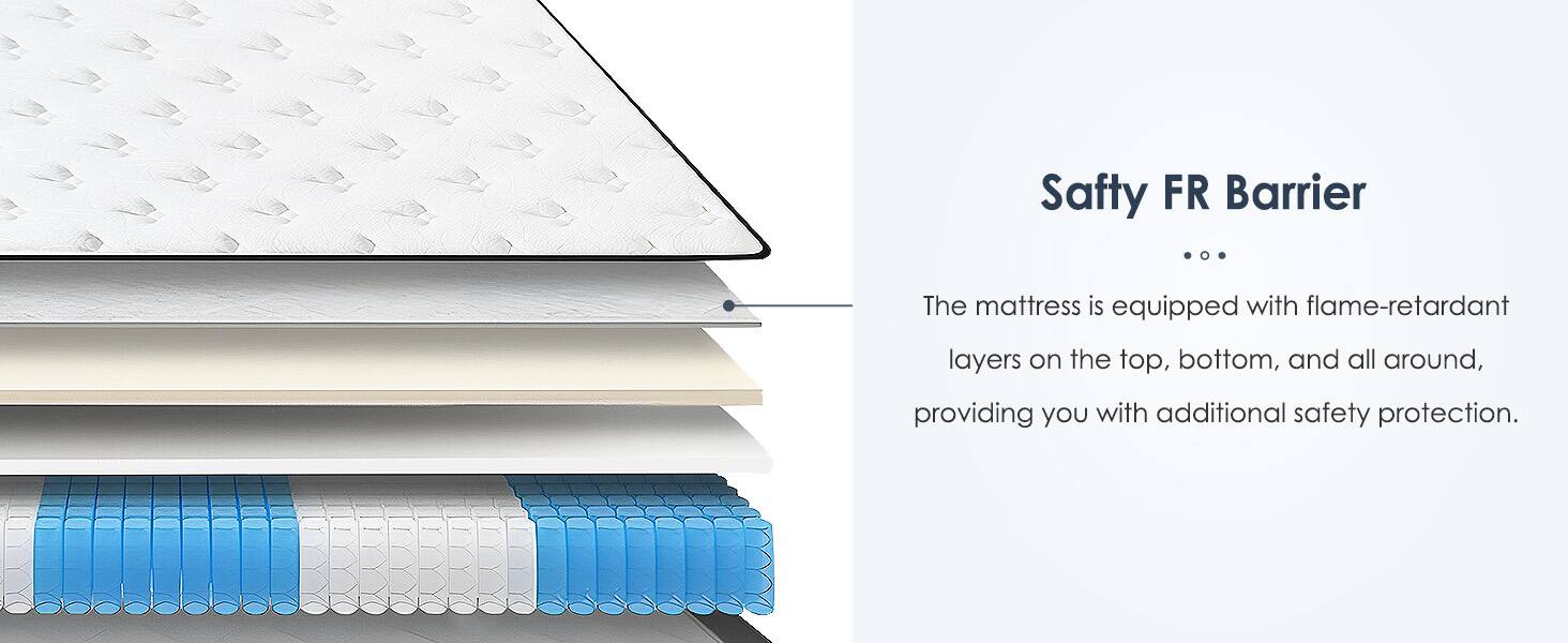 Safety FR Barrier

The mattress is equipped with flame-retardant layers on the top, bottom, and all around, providing you with additional safety protection.