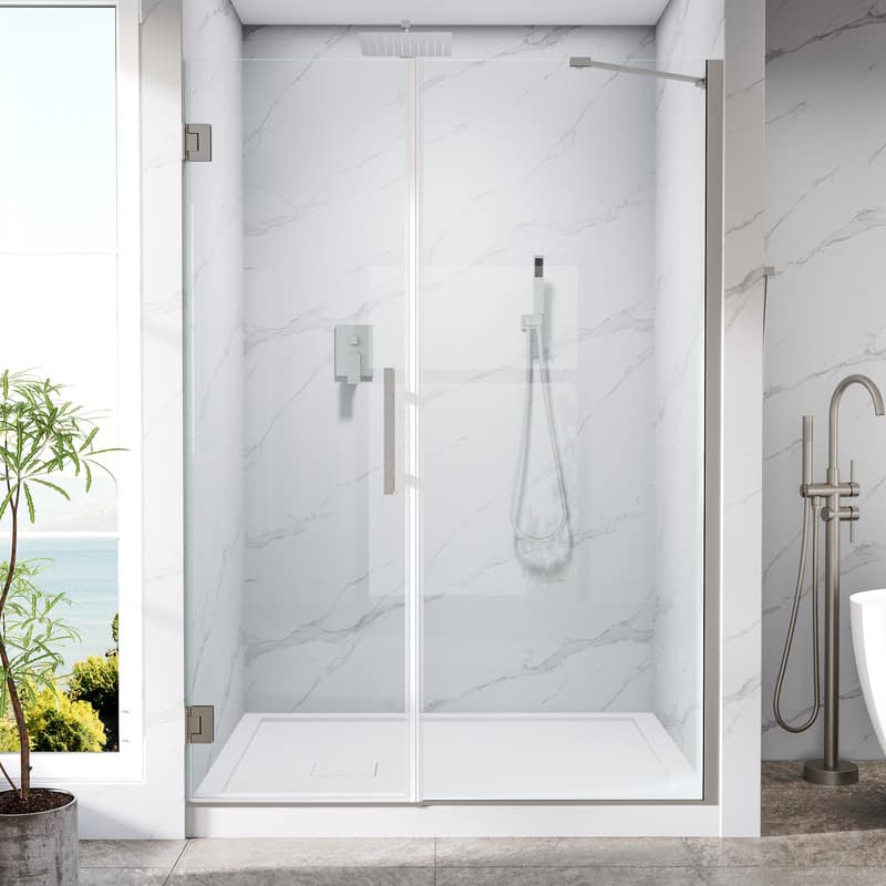 "WELLFOR - 52–53 in. W x 72 in. H Frameless Hinged Shower Door with 3/8"" Clear Tempered Glass, Reversible Opening - Brushed Nickel" price history on PriceWatchPro