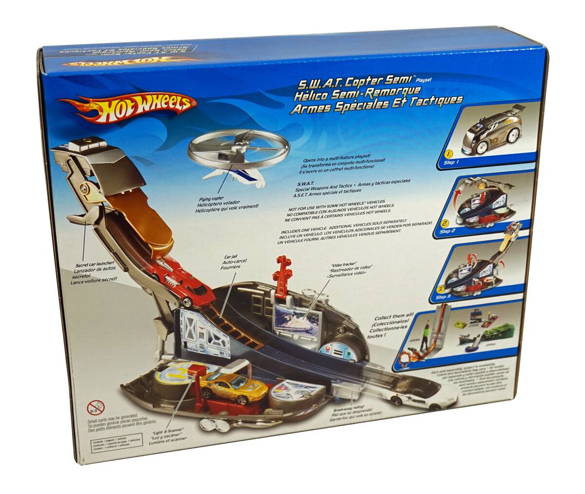 Sure, here is the corrected and grouped text from the image:

---

**Hot Wheels**

**S.W.A.T. Copter Semi Playset**  
**Helico Semi-Remorque Armes Spéciales Et Tactiques**

**Features:**
- Opens into a multi-feature playset
- It transforms into a multi-functional playset
- It includes a center control tower with S.W.A.T. Special Weapons and Tactics
- S.W.A.T. Armes spéciales et tactiques

**Includes:**
- Flying copter
- Helicóptero volador
- Helicopter that flies independently

- Secret car launcher
- Lanzador de autos secret
- Lance-véhicule secret

- Car jailer
- Fourniture
- L'arrestation de véhicules

- Surveillance video
- Surveillance vidéo

**Compatibility:**
- Compatible with Hot Wheels vehicles
- Compatible avec les véhicules Hot Wheels
- Compatible con algunos vehículos Hot Wheels
- Compatible avec certains véhicules Hot Wheels

**Additional Vehicles Sold Separately:**
- Véhicules supplémentaires vendus séparément
- Additional vehicles sold separately

**Collect them all!**
- Collect them all!
-