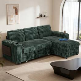 Vipbear - 85" Modular Sectional Sofa with Pull Out Bed,Corduroy Fabric 3 Seat Sectional Sleeper Sofa with Storage,for Living Room - Green