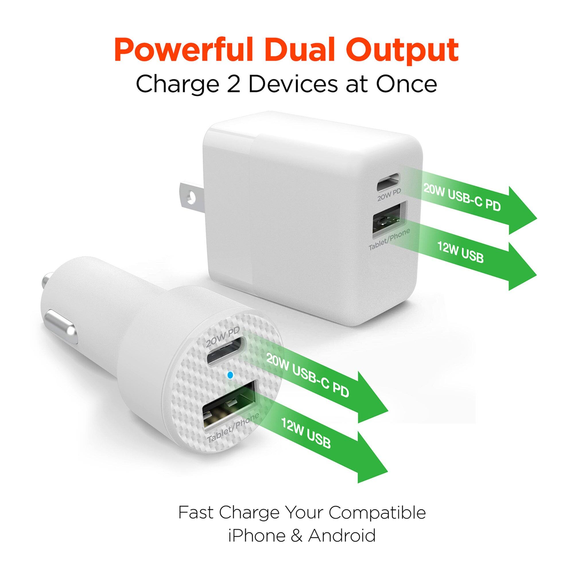 Powerful Dual Output  
Charge 2 Devices at Once  

20W PD 20W USB-C PD Tablet/Phone  
12W USB  

Fast Charge Your Compatible iPhone & Android