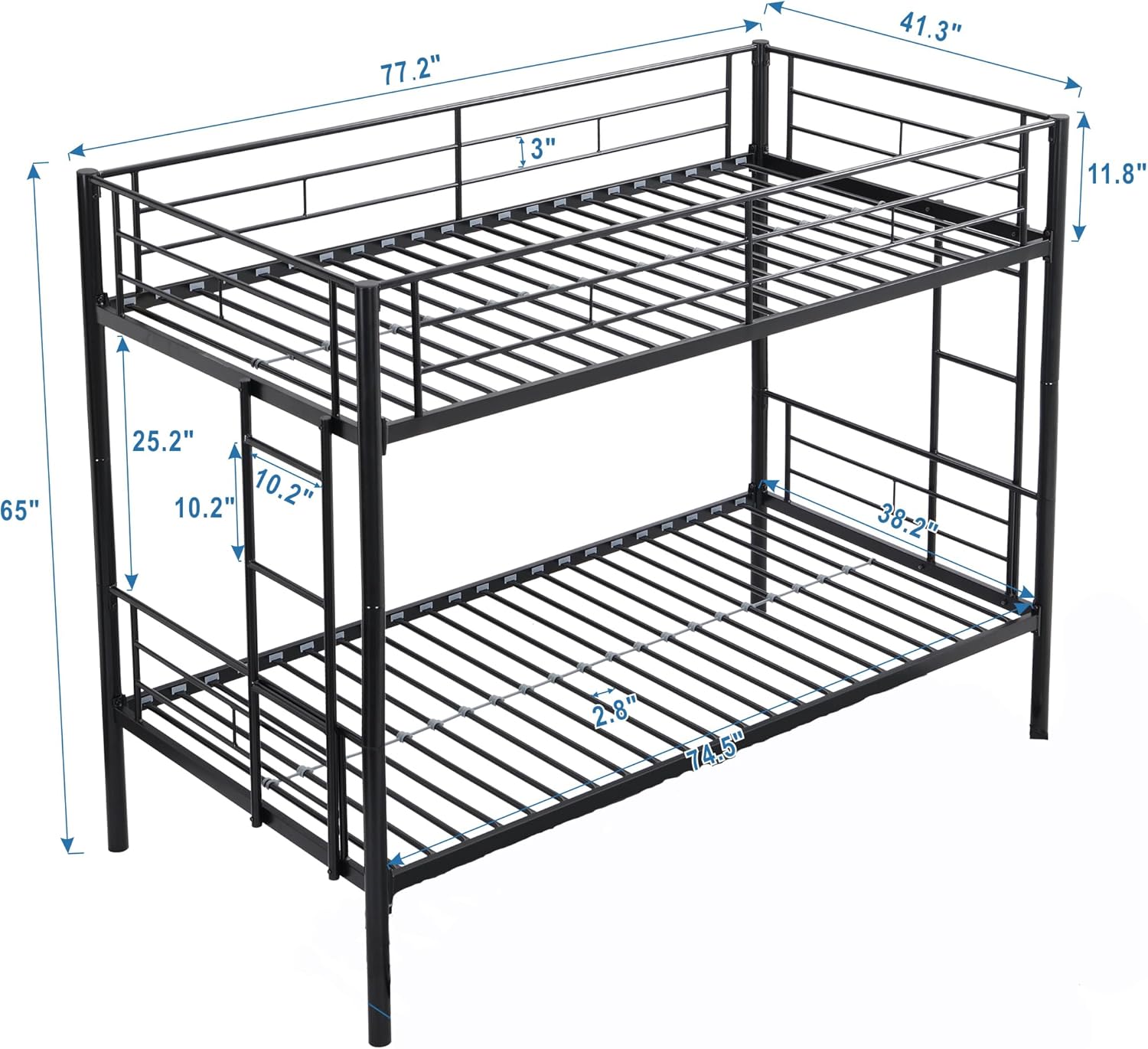 77.2" x 41.3"  
3" x 11.8"  
65" x 25.2"  
10.2" x 10.2"  
38-2" x 2.8"  
74.5"