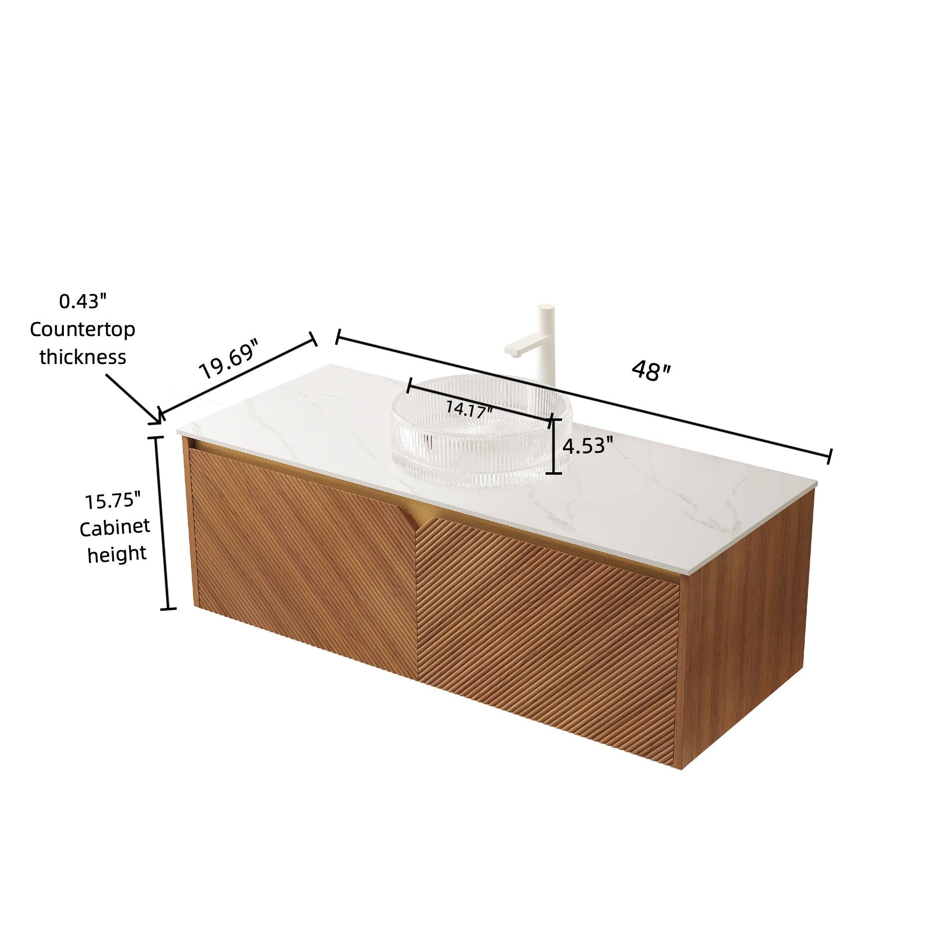 - Countertop thickness: 0.43"
- Cabinet height: 15.75"
- Width: 48"
- Depth: 19.69"
- Sink width: 14.17"
- Sink depth: 4.53"