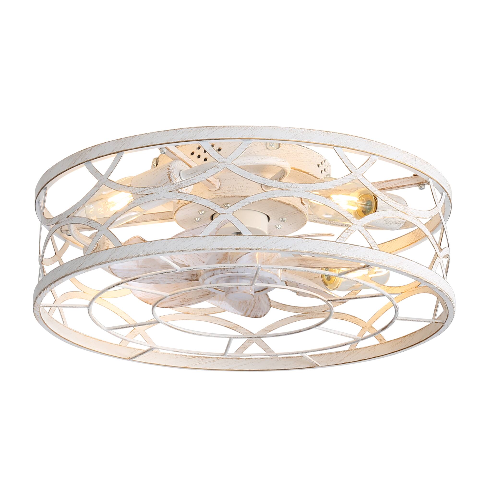 Angle. Breezary - 18-Inch Flush Mount Caged Ceiling Fan with 7 ABS Blades, DC Motor, 6-Speed Remote Control, Memory Function - Distressed White and Gold.