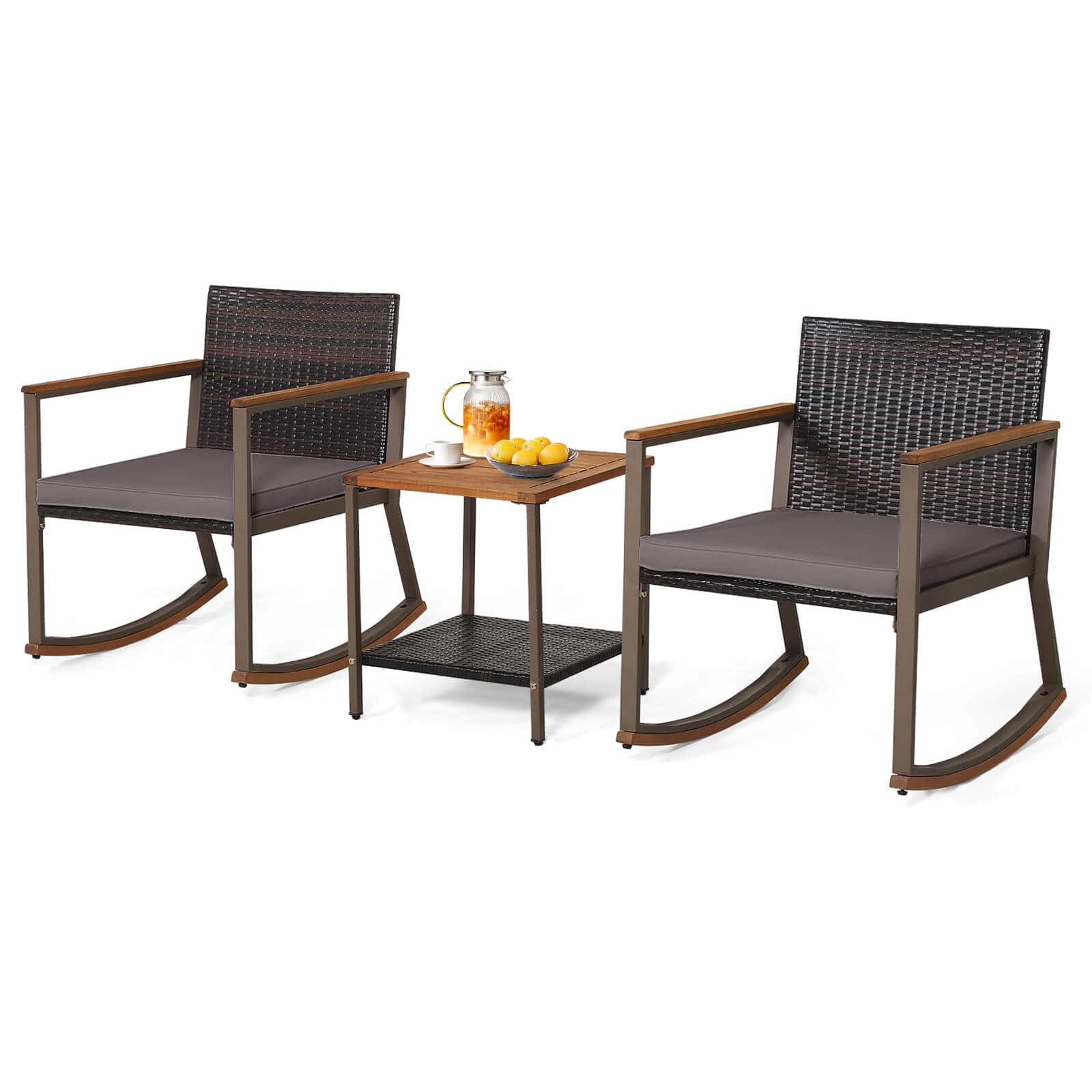 Gymax - 3PCS Rattan Rocking Chair Bistro Set Armrest Cushion Table W/ Storage Shelf Patio - Gray price history on PriceWatchPro