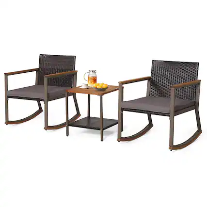 Front. Gymax - Gymax 3PCS Rattan Rocking Chair Bistro Set Armrest Cushion Table W/ Storage Shelf Patio - Gray.