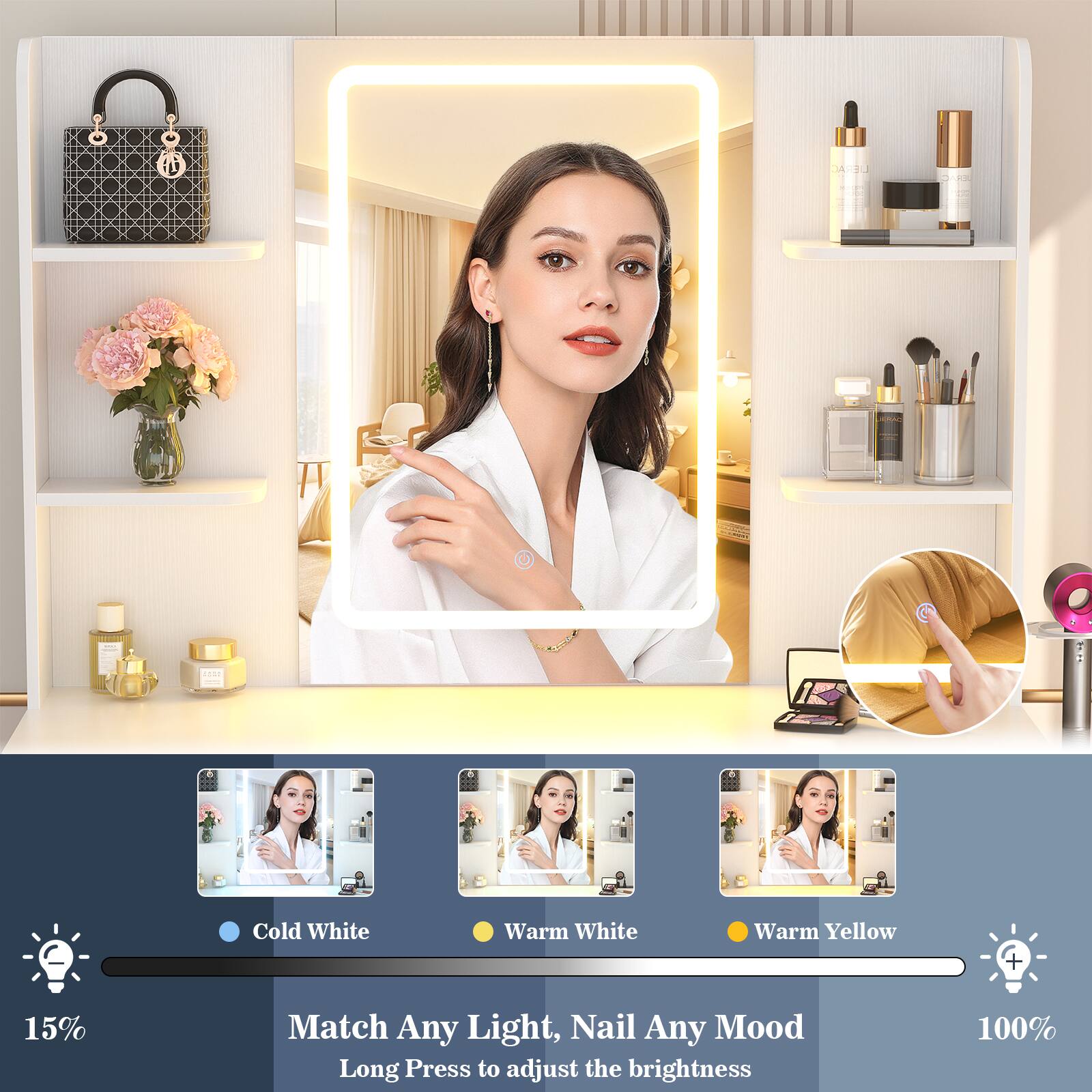1430 R. I Cold White Warm White Warm Yellow + 15% Match Any Light, Nail Any Mood Long Press to adjust the brightness 100%