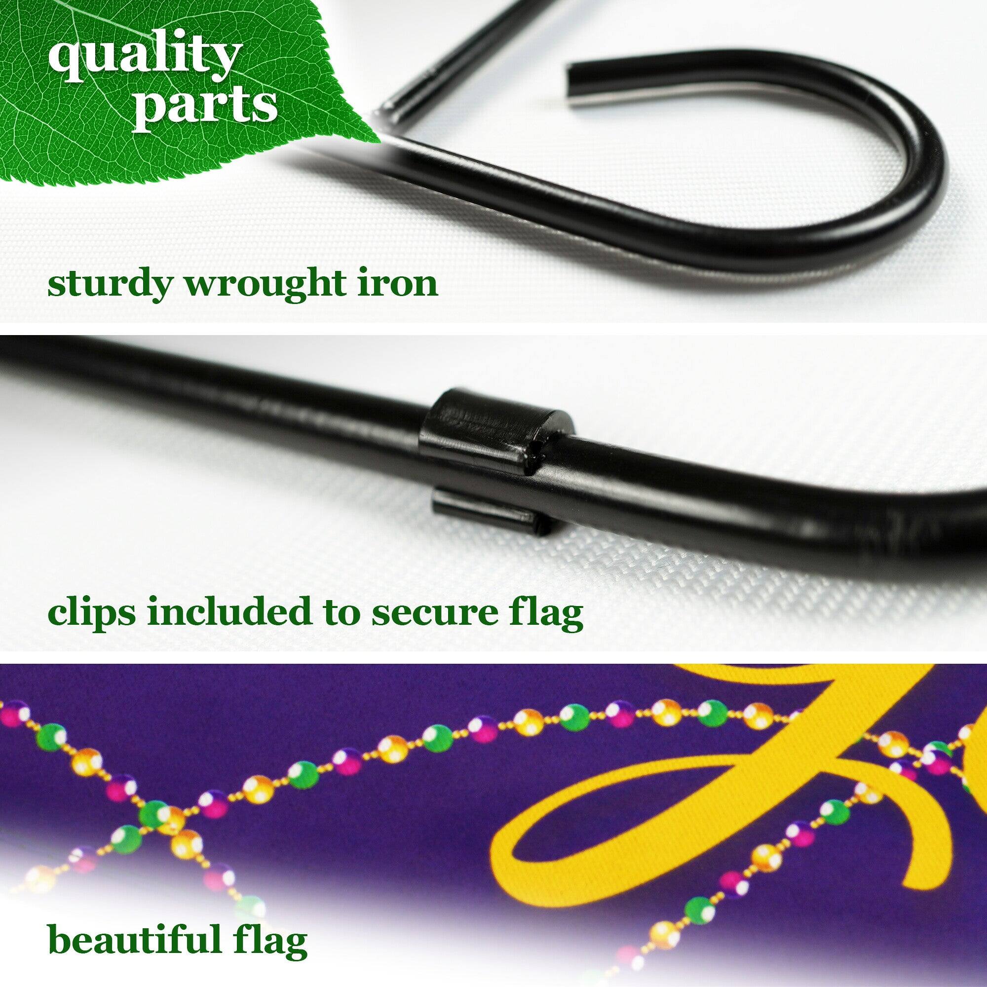 quality parts  
sturdy wrought iron  
clips included to secure flag  
beautiful flag