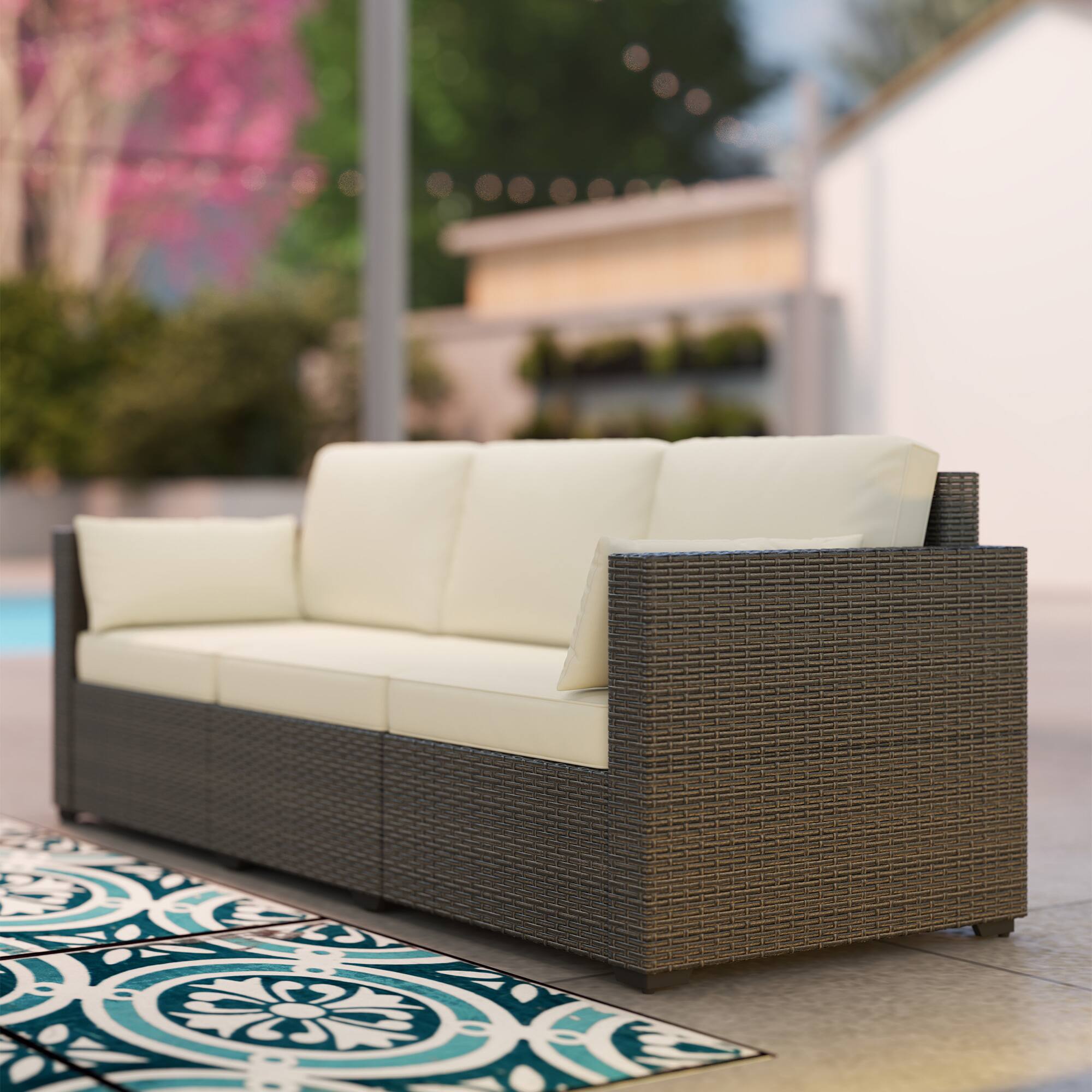 Alt View 8. Outsunny - Patio Couch PE Wicker Deep Seating Outdoor Sofa with Removable Cushions, 3 Seater Rattan Sofa, Outdoor Furniture - Cream White.
