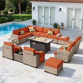Ovios - 15 PCS Patio Furniture Sofa Set Sectional Couch with Swivel Chair, 54" Fire Pit Table & Ottoman - Orange Red