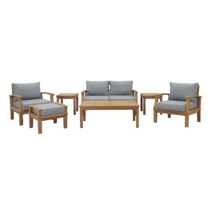 Front. Modway - Marina 7-Piece Outdoor Teak Patio Set - Solid Teak, Cushioned Seats, Machine-Washable Covers - Natural Gray.