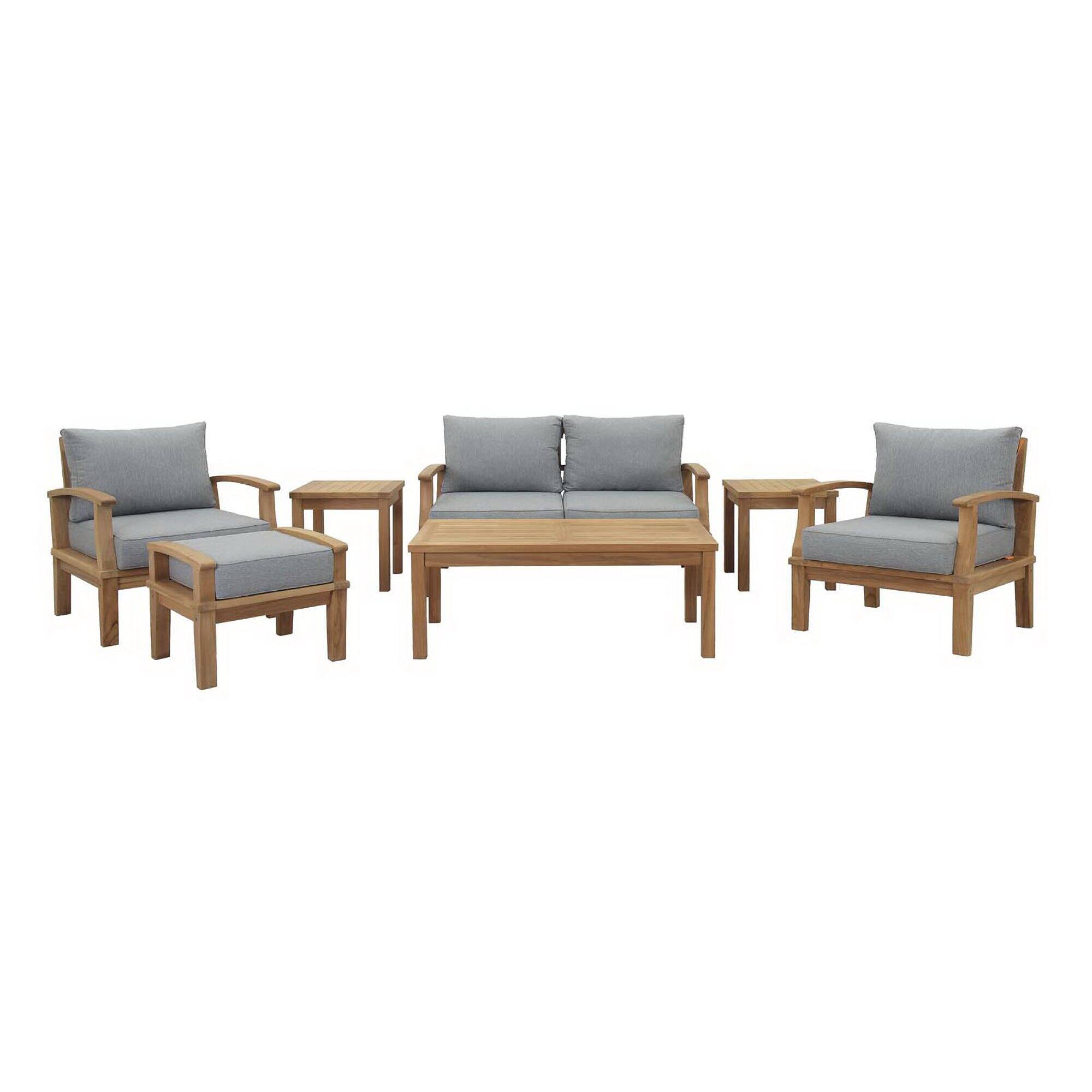 Front. Modway - Marina 7-Piece Outdoor Teak Patio Set - Solid Teak, Cushioned Seats, Machine-Washable Covers - Natural Gray.