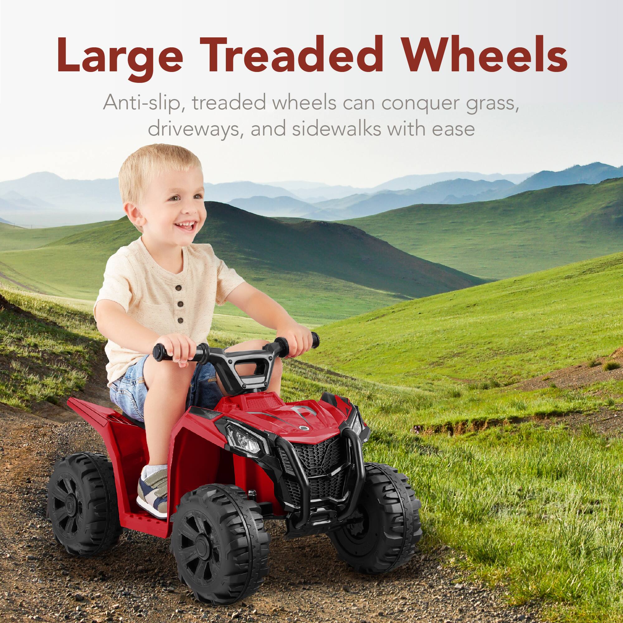 Large Treaded Wheels

Anti-slip, treaded wheels can conquer grass, driveways, and sidewalks with ease.