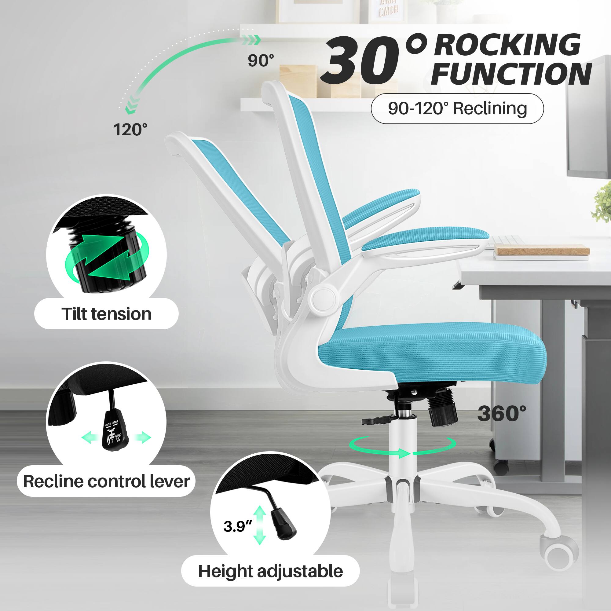 120° 90° ATT CANCR 30° ROCKING FUNCTION 90-120° Reclining Tilt tension I 360° Recline control lever 3.9" Height adjustable