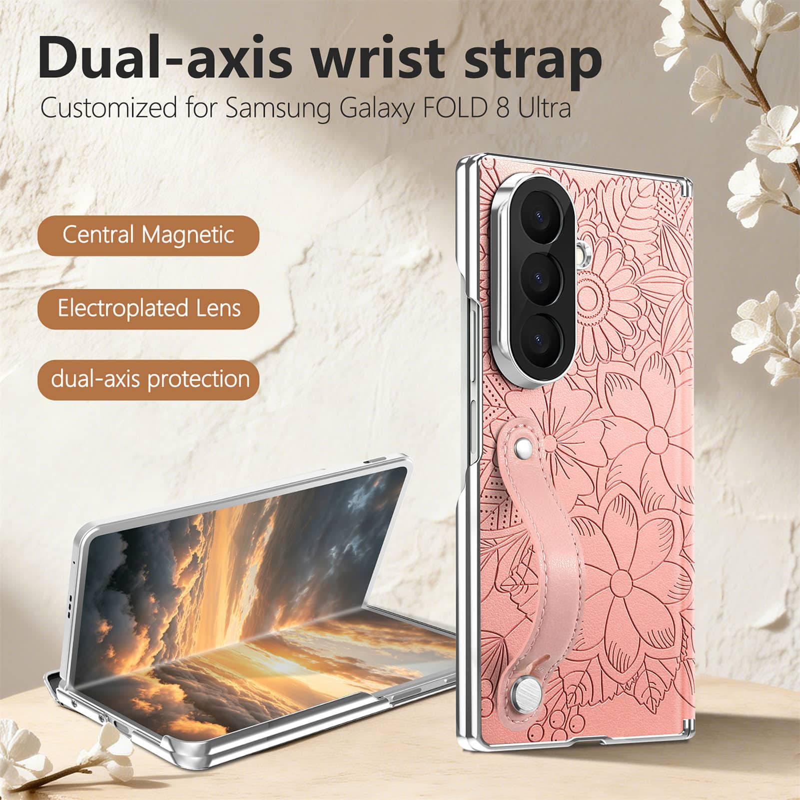 Dteck - Shockproof Case for Samsung Galaxy Z Fold8 Ultra with Wristband, Floral Leather Texture Rigid Plastic Hinge Phone Cover - Pink price history on PriceWatchPro