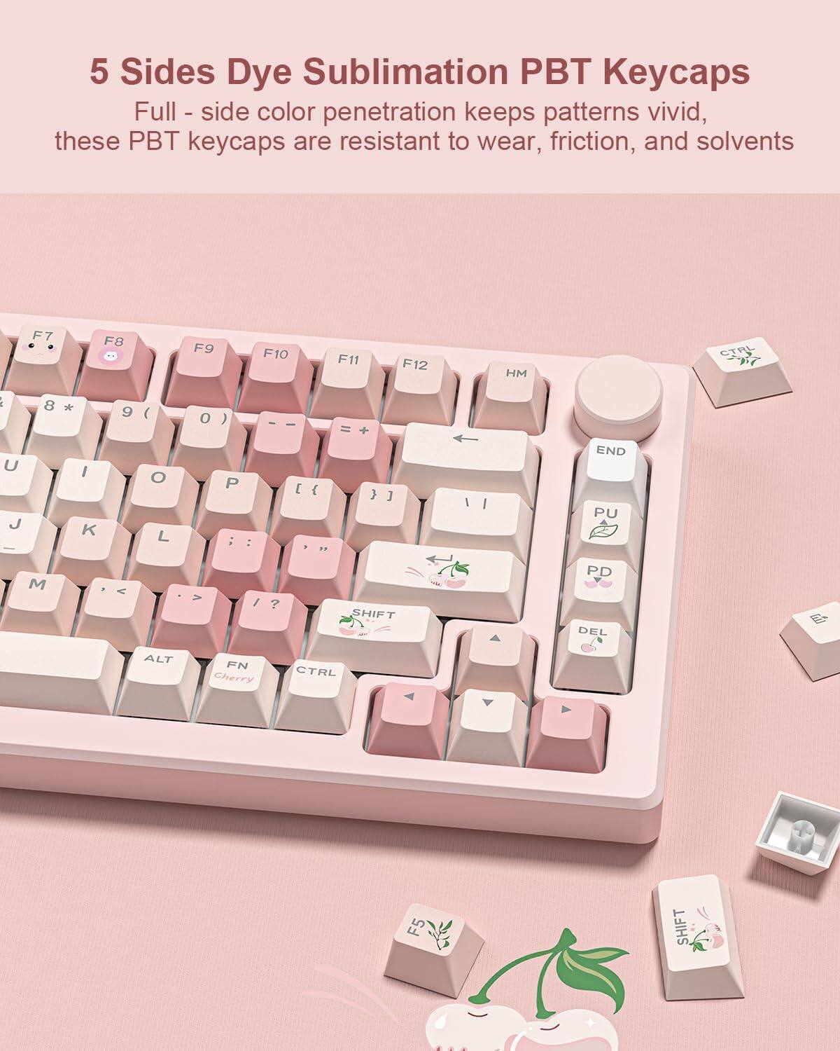 5 Sides Dye Sublimation PBT Keycaps

Full - side color penetration keeps patterns vivid, these PBT keycaps are resistant to wear, friction, and solvents

F7 F8 F9 F10 F11 F12

8 * 9 ( 0 ) - = + I U J K L P [ { } ] M , < V / ? SHIFT PD DEL ALT FN Cherry CTRL F5 SHIFT

HM END PU PD DEL