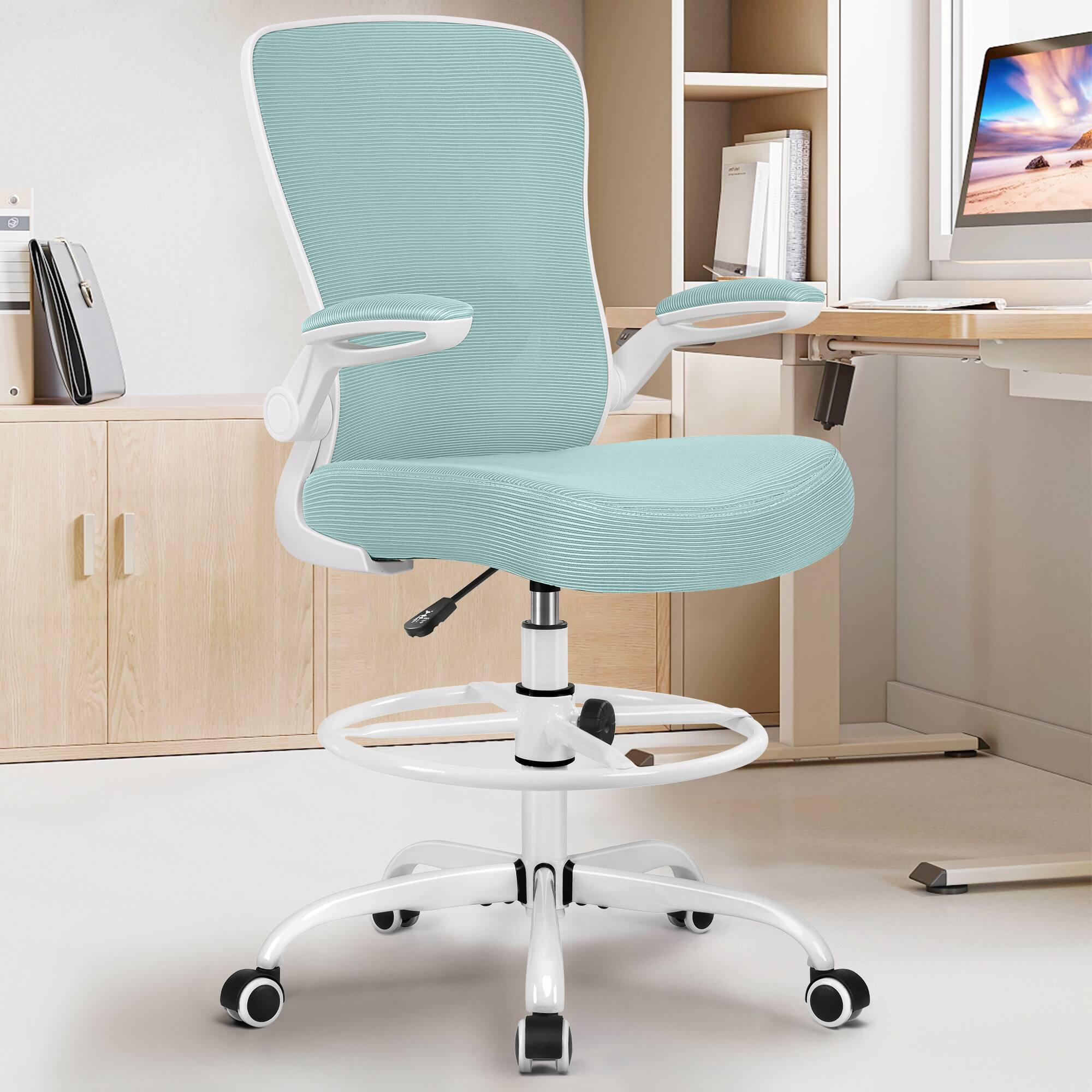 Alt View 3. KERDOM - High Back Drafting Chair Ergonomic Tall Office Chair With Lumbar Support Breathable Mesh Painting Chair, Flip-up Armrest - Light Blue.