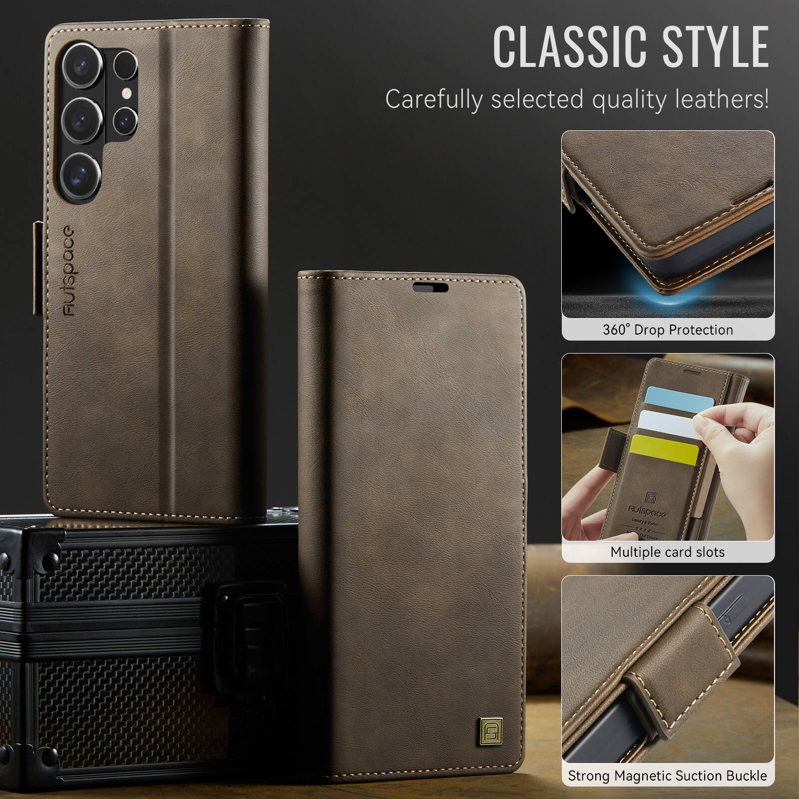 CLASSIC STYLE  
Carefully selected quality leathers!  

- 360° Drop Protection  
- Multiple card slots  
- Strong Magnetic Suction Buckle