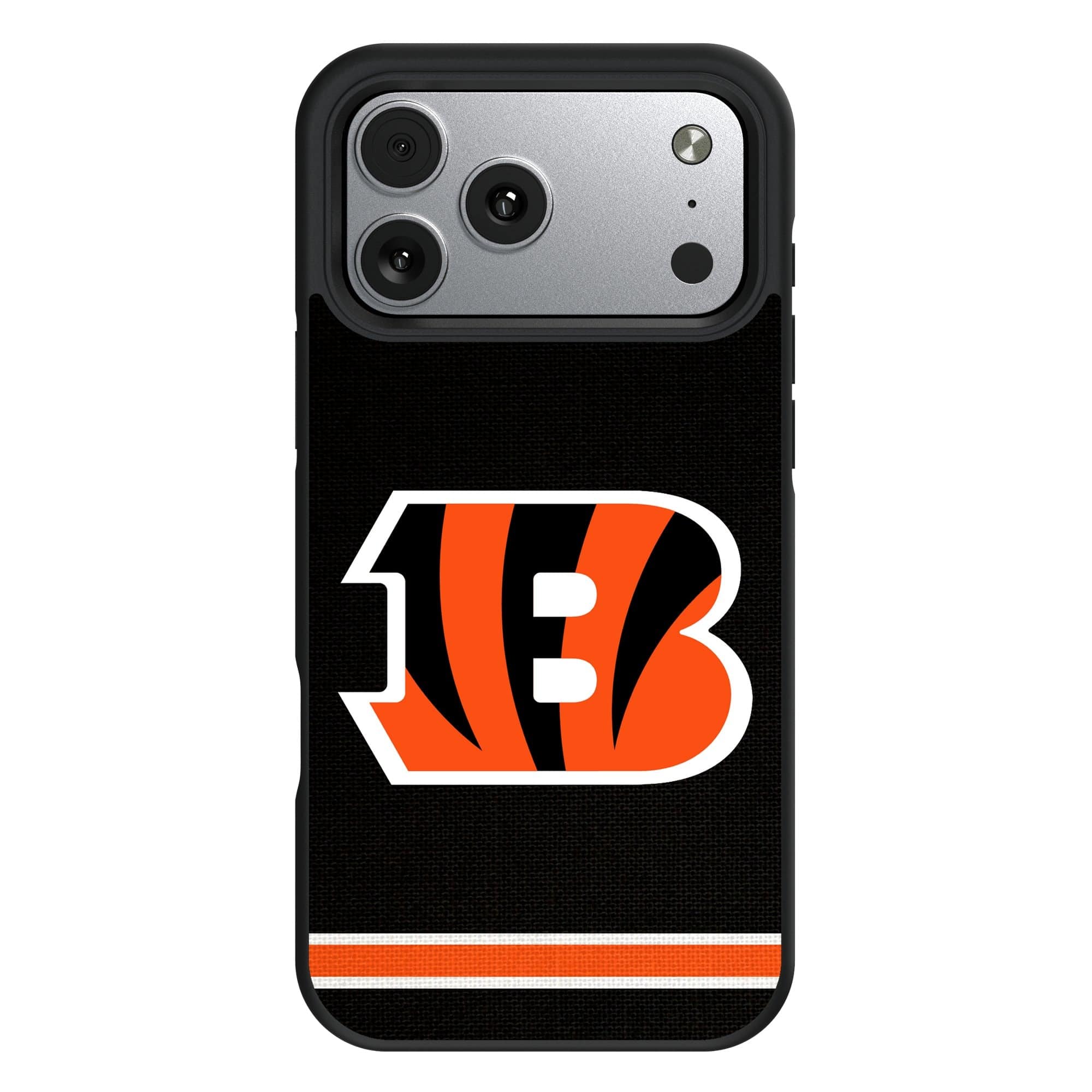 Front. Keyscaper - Cincinnati Bengals iPhone Stripe Design Bump Case - 16 Pro Max - Multicolor.