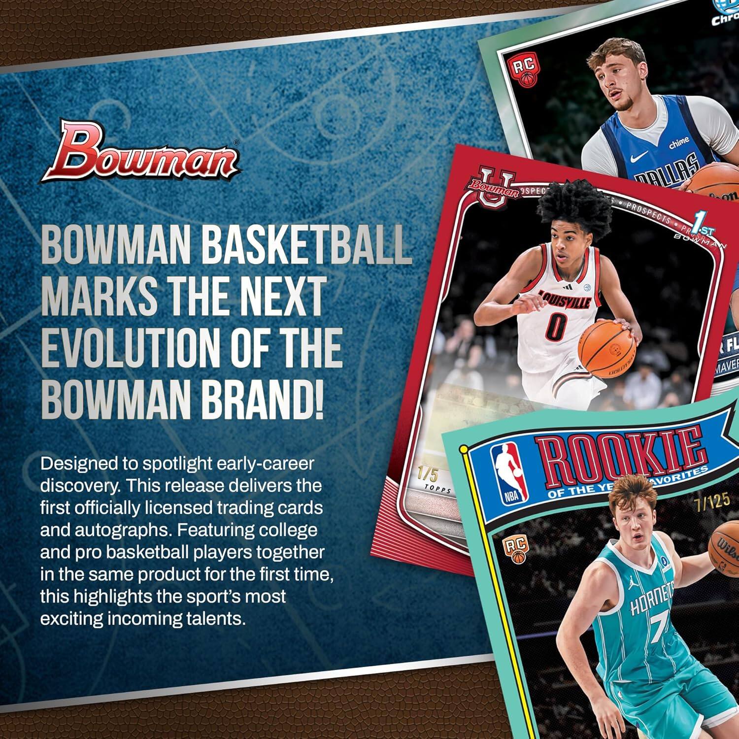 Bowman Basketball Marks the Next Evolution of the Bowman Brand!

Designed to spotlight early-career discovery. This release delivers the first officially licensed trading cards and autographs. Featuring college and pro basketball players together in the same product for the first time, this highlights the sport's most exciting incoming talents.
