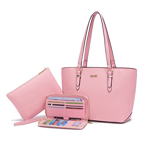 Front. DORLUKFU - Women Purses Handbags Wallet Sets Shoulder Bags Top Handle Satchel Tote Purse Work Bag Set With Matching Wallet 3pcs - B0-3pcs/Set Pink.