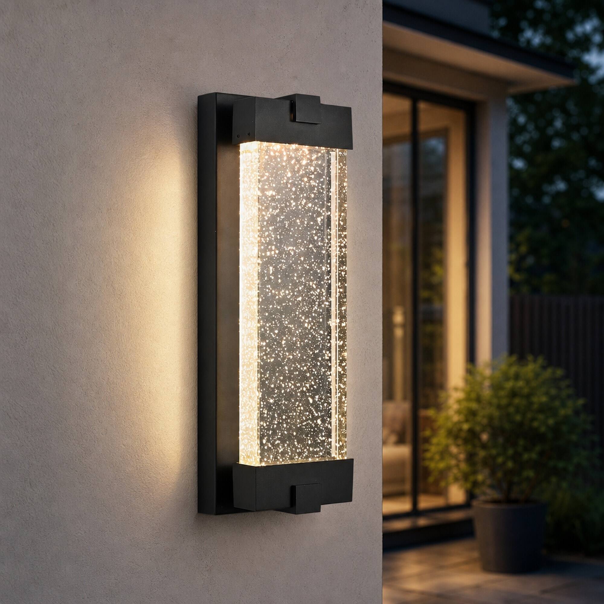 Alt View 5. RYHNUYNE - 19" Outdoor Wall Light with Bubble Crystal Glass – Black Aluminum LED Sconce, 3000K Warm Light, Weatherproof.