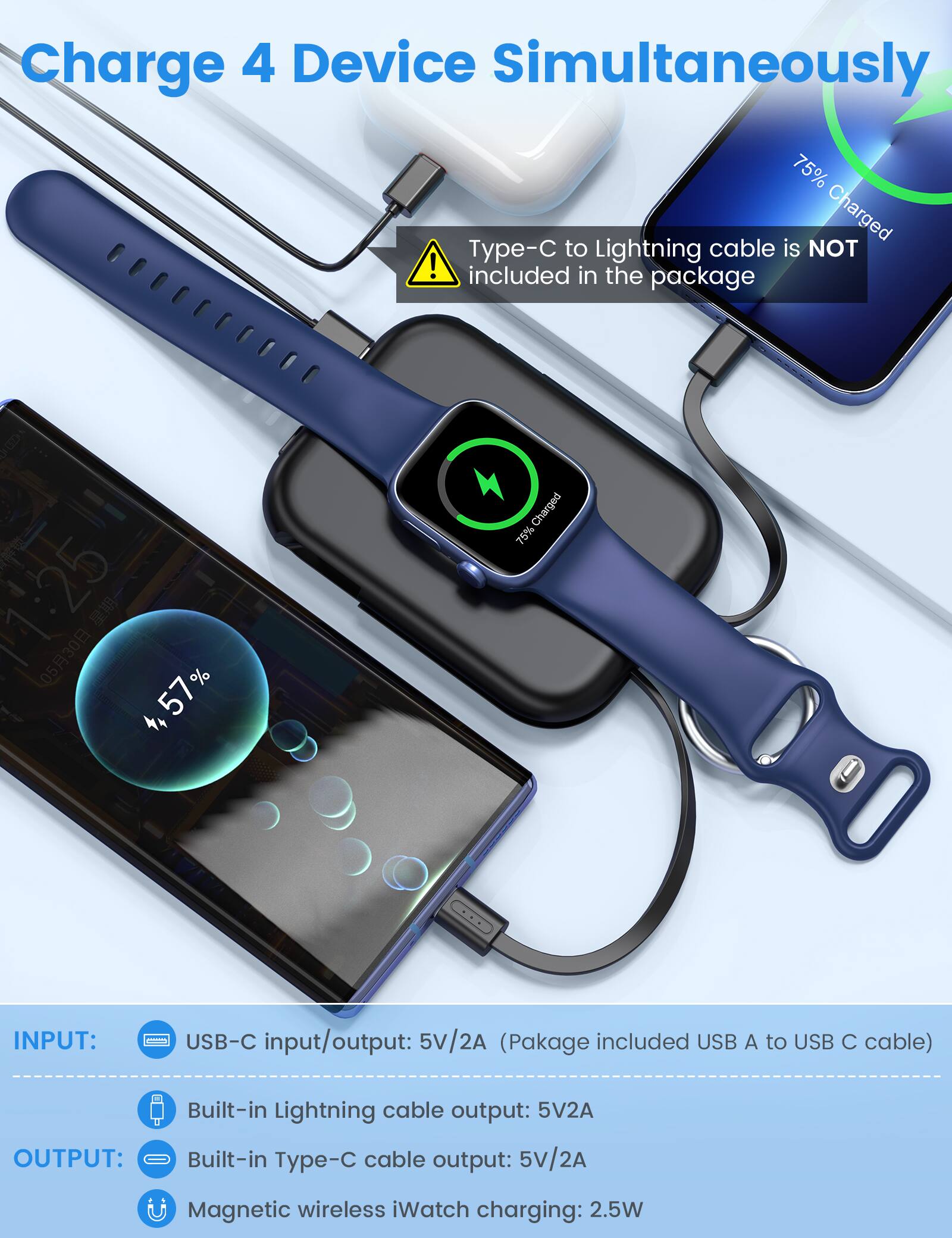 Charge 4 Device Simultaneously

Type-C to Lightning cable is NOT included in the package

11:25 0530 57%
Charged 75%

INPUT:
USB-C input/output: 5V/2A (Package included USB A to USB C cable)
Built-in Lightning cable output: 5V/2A

OUTPUT:
Built-in Type-C cable output: 5V/2A
Magnetic wireless iWatch charging: 2.5W
